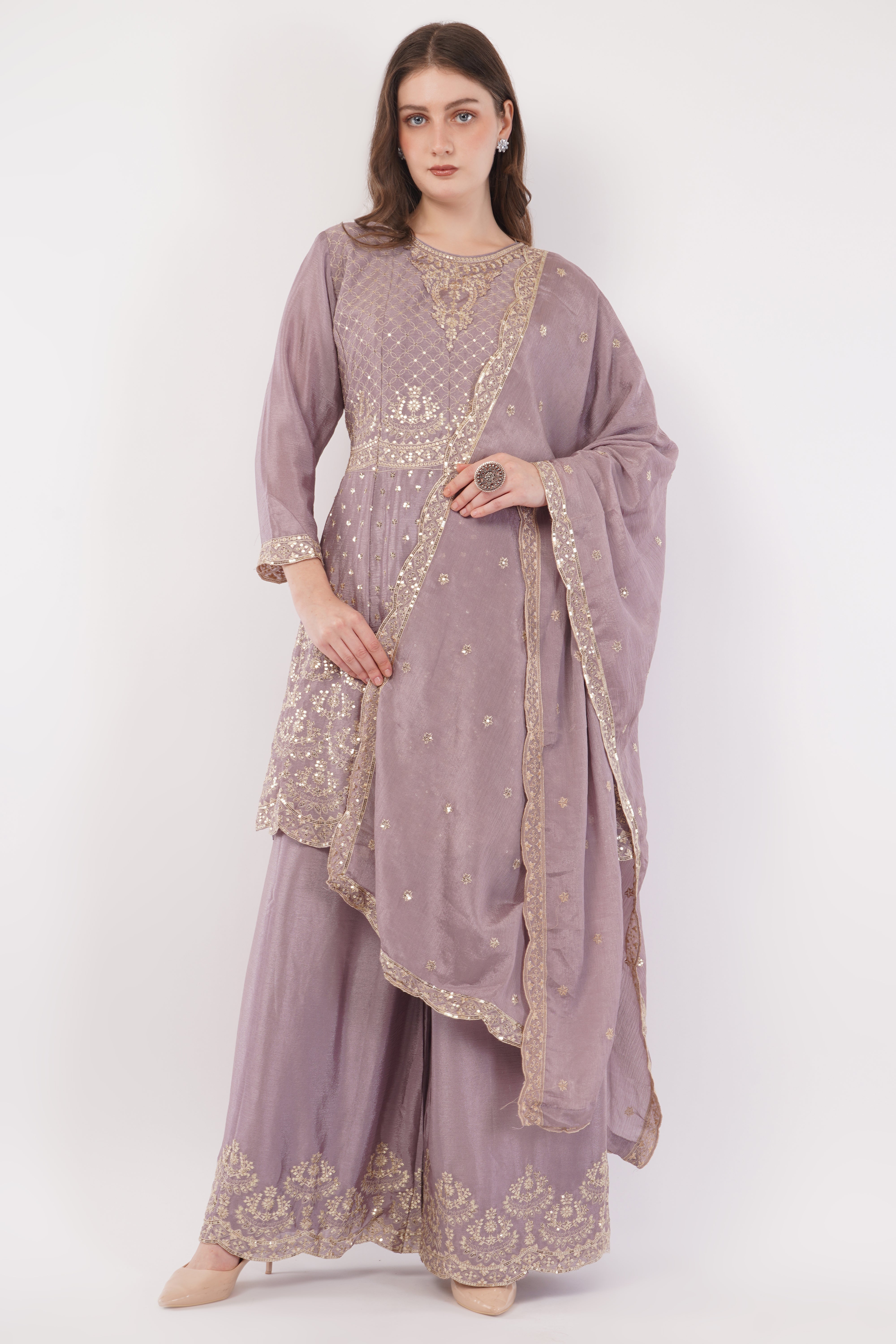 Lavender Embroidered Suit With Flared Pants & Dupatta - Set Of 3