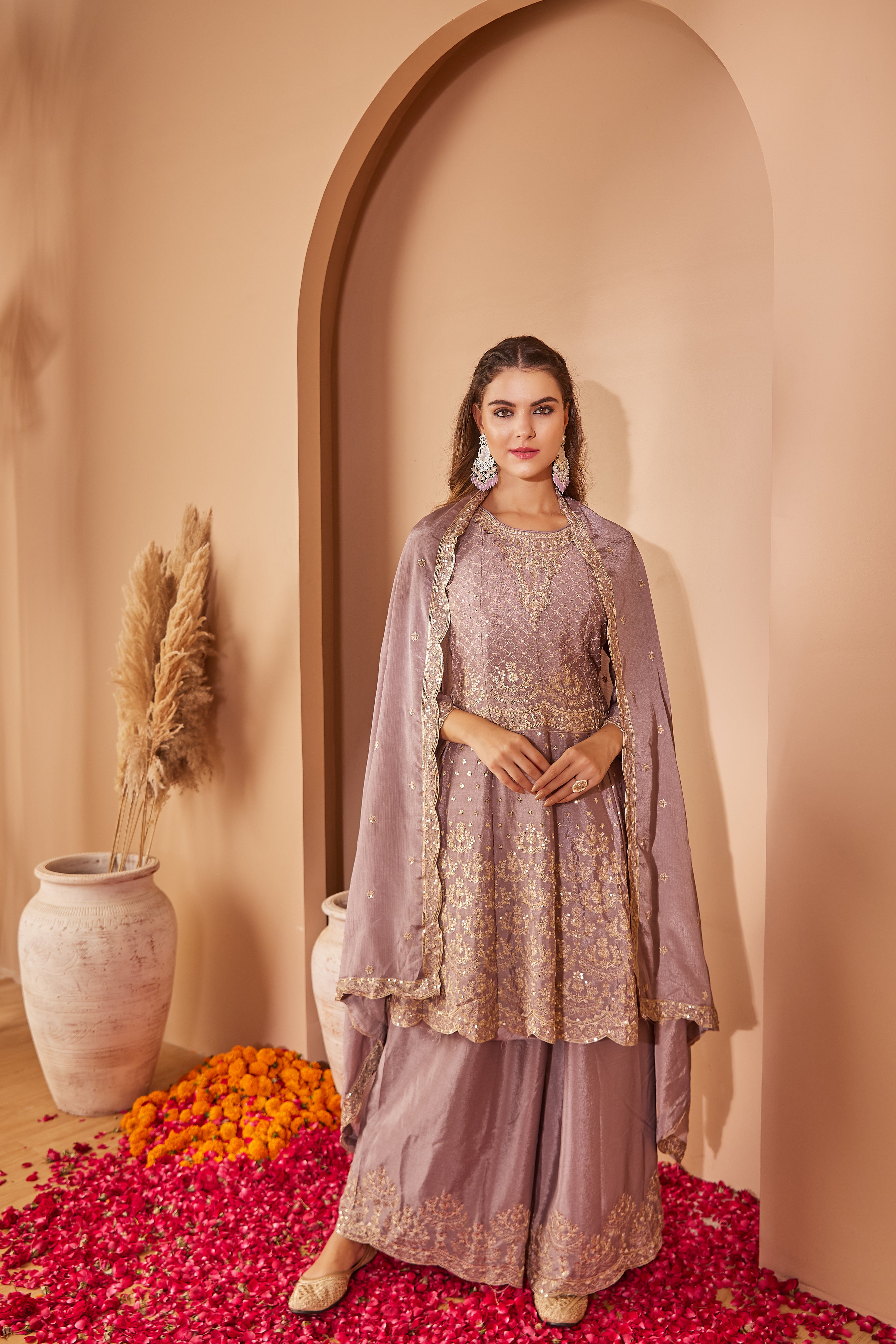 Lavender Embroidered Suit With Flared Pants & Dupatta - Set Of 3