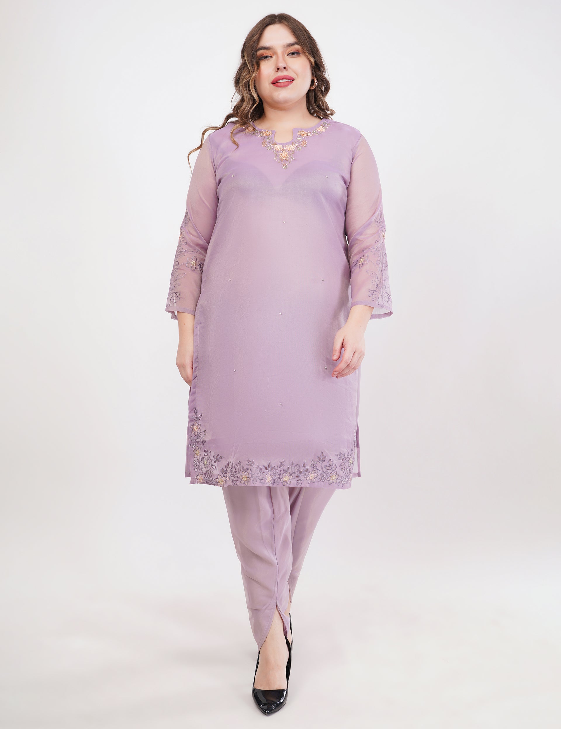 Lavender Shimmer Organza Embroidered Suit, Tulip Pants & Jacquard Dupatta - Set Of 3