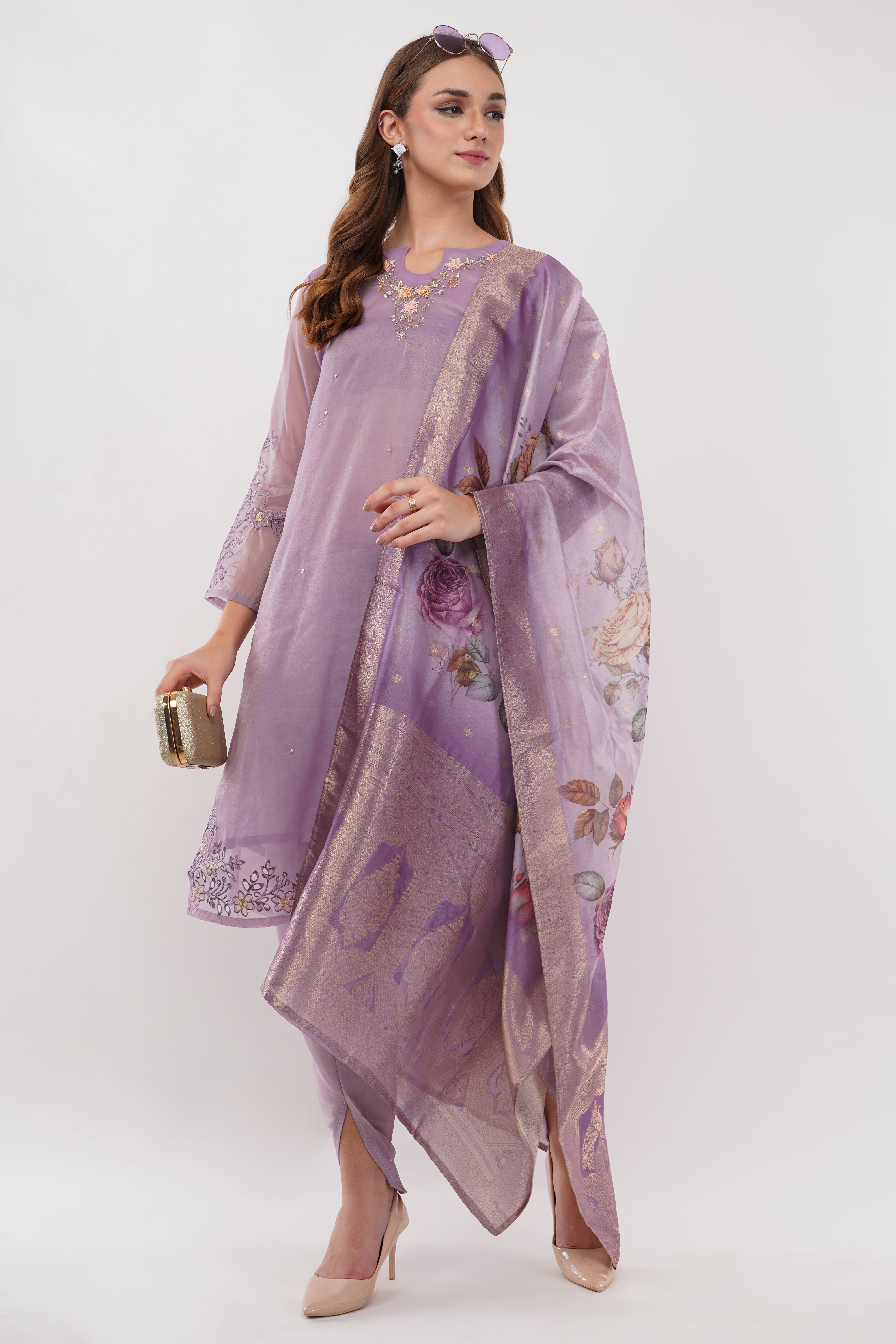 Lavender Shimmer Organza Embroidered Suit, Tulip Pants & Jacquard Dupatta - Set Of 3