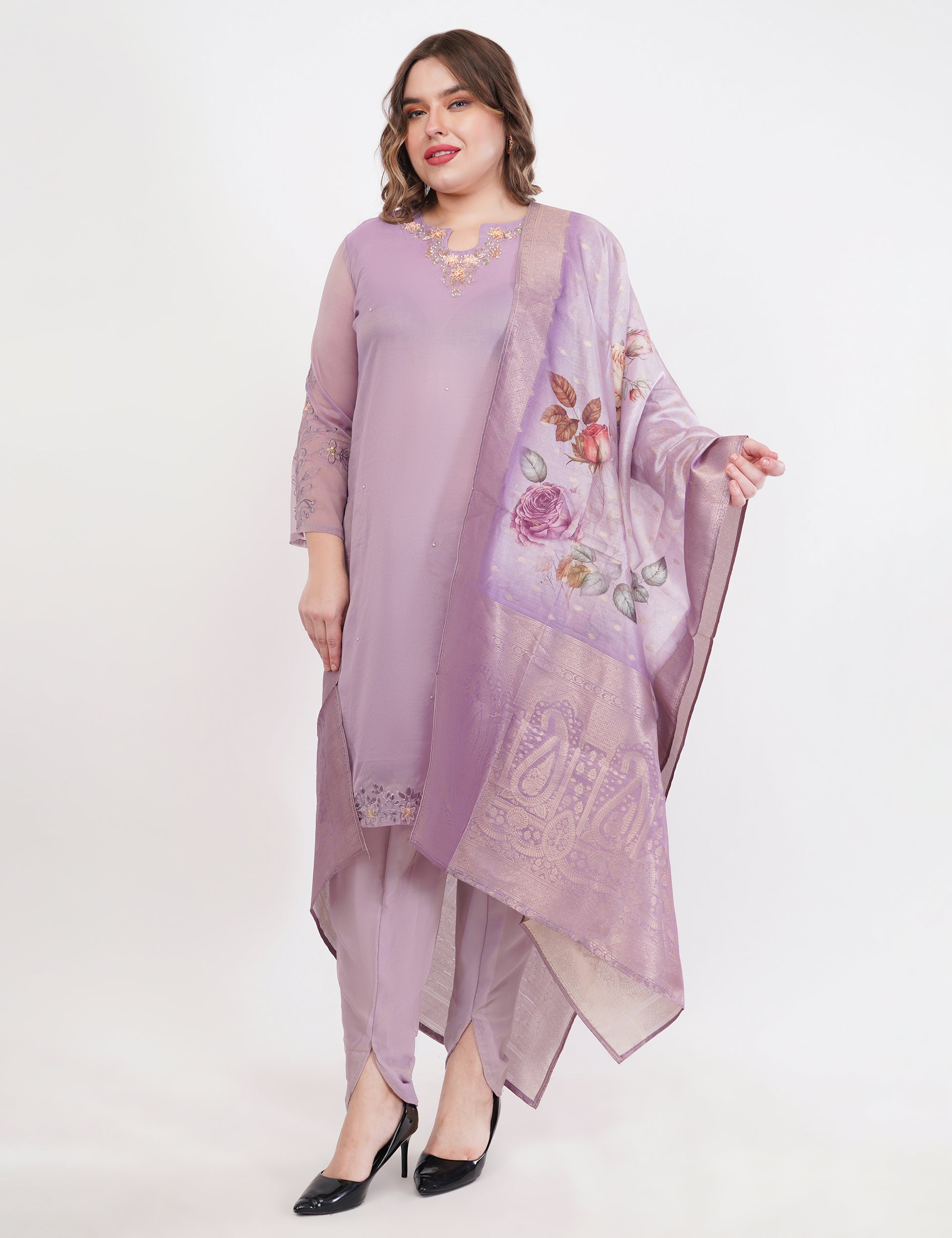 Lavender Shimmer Organza Embroidered Suit, Tulip Pants & Jacquard Dupatta - Set Of 3