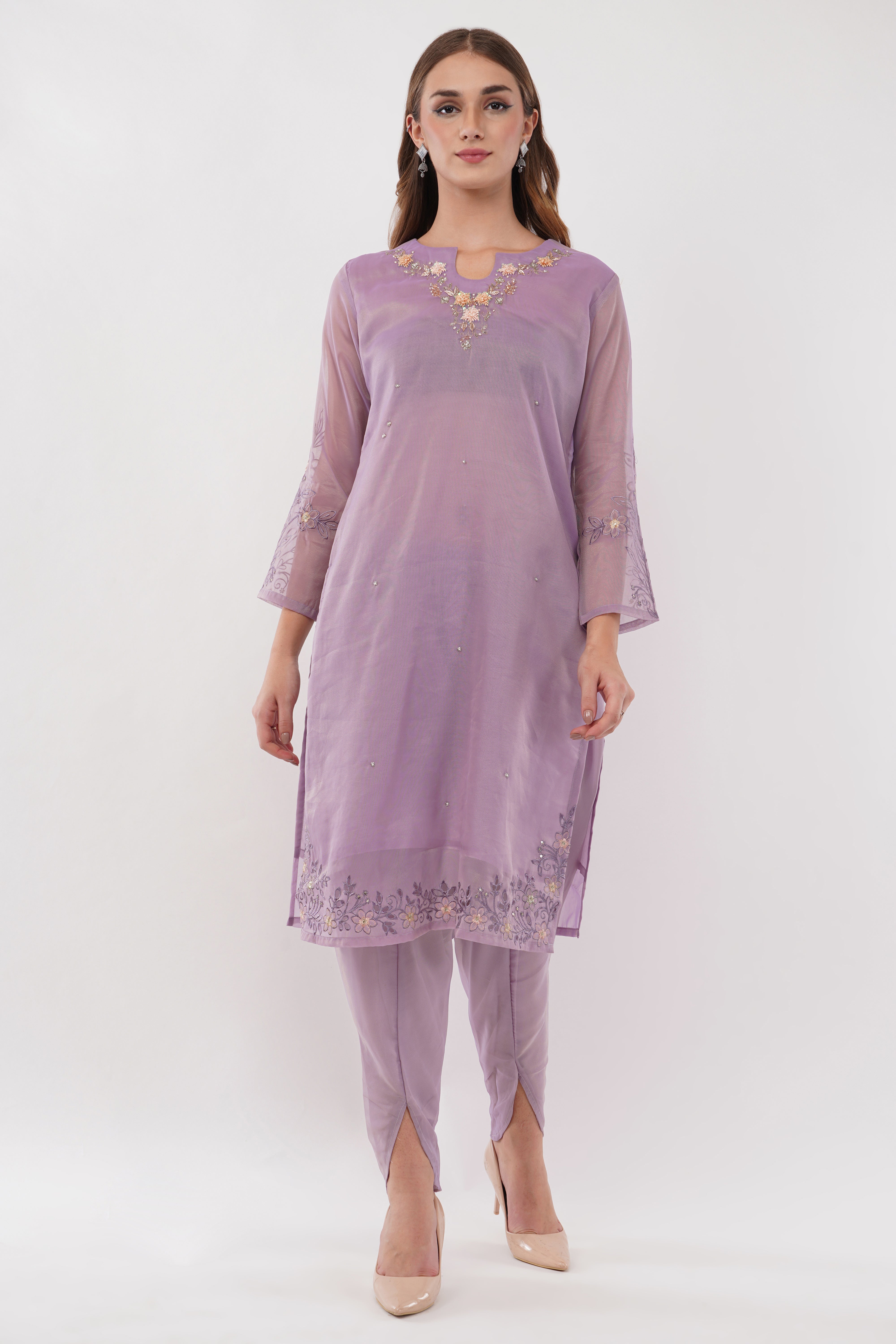 Lavender Shimmer Organza Embroidered Suit, Tulip Pants & Jacquard Dupatta - Set Of 3