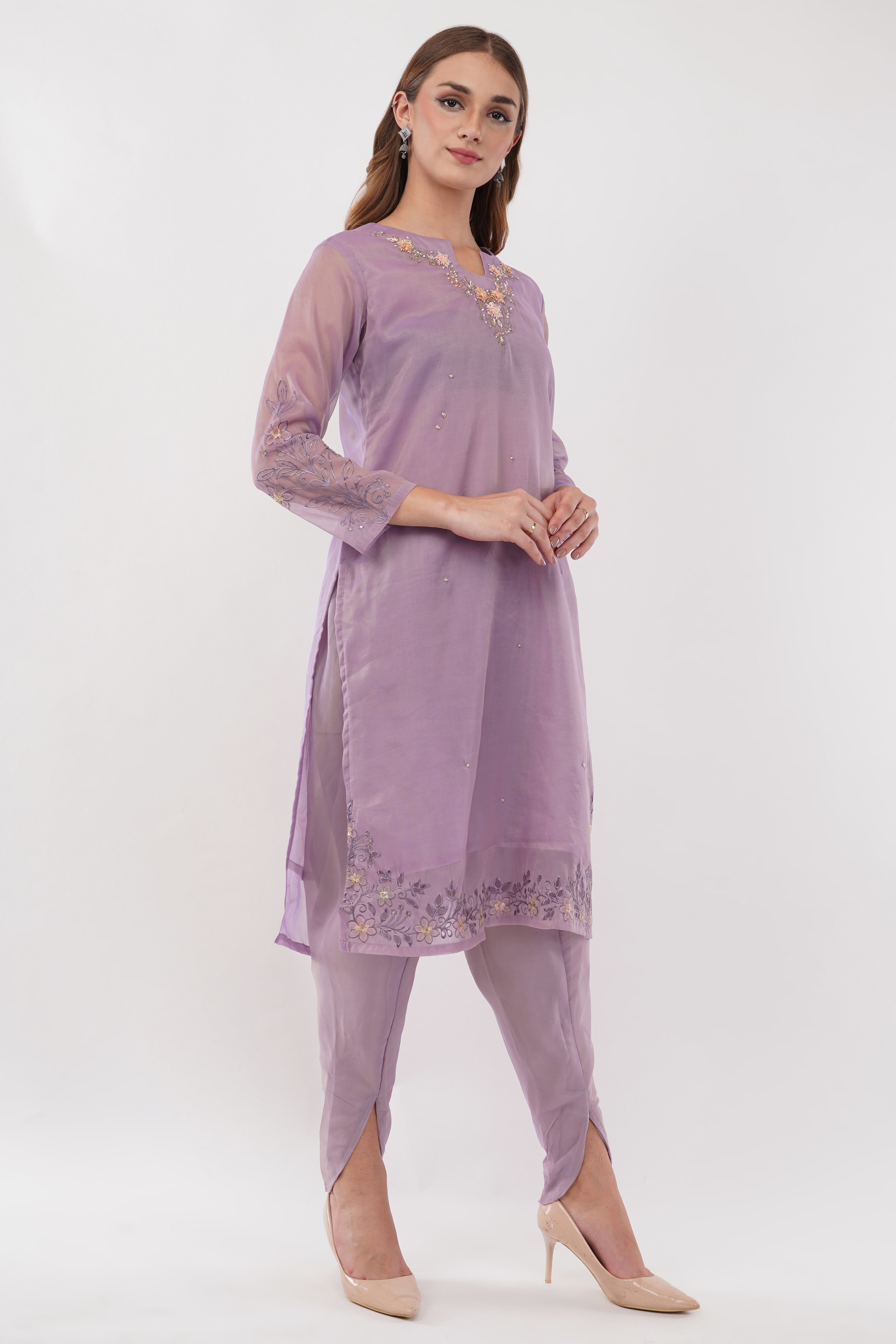 Lavender Shimmer Organza Embroidered Suit, Tulip Pants & Jacquard Dupatta - Set Of 3