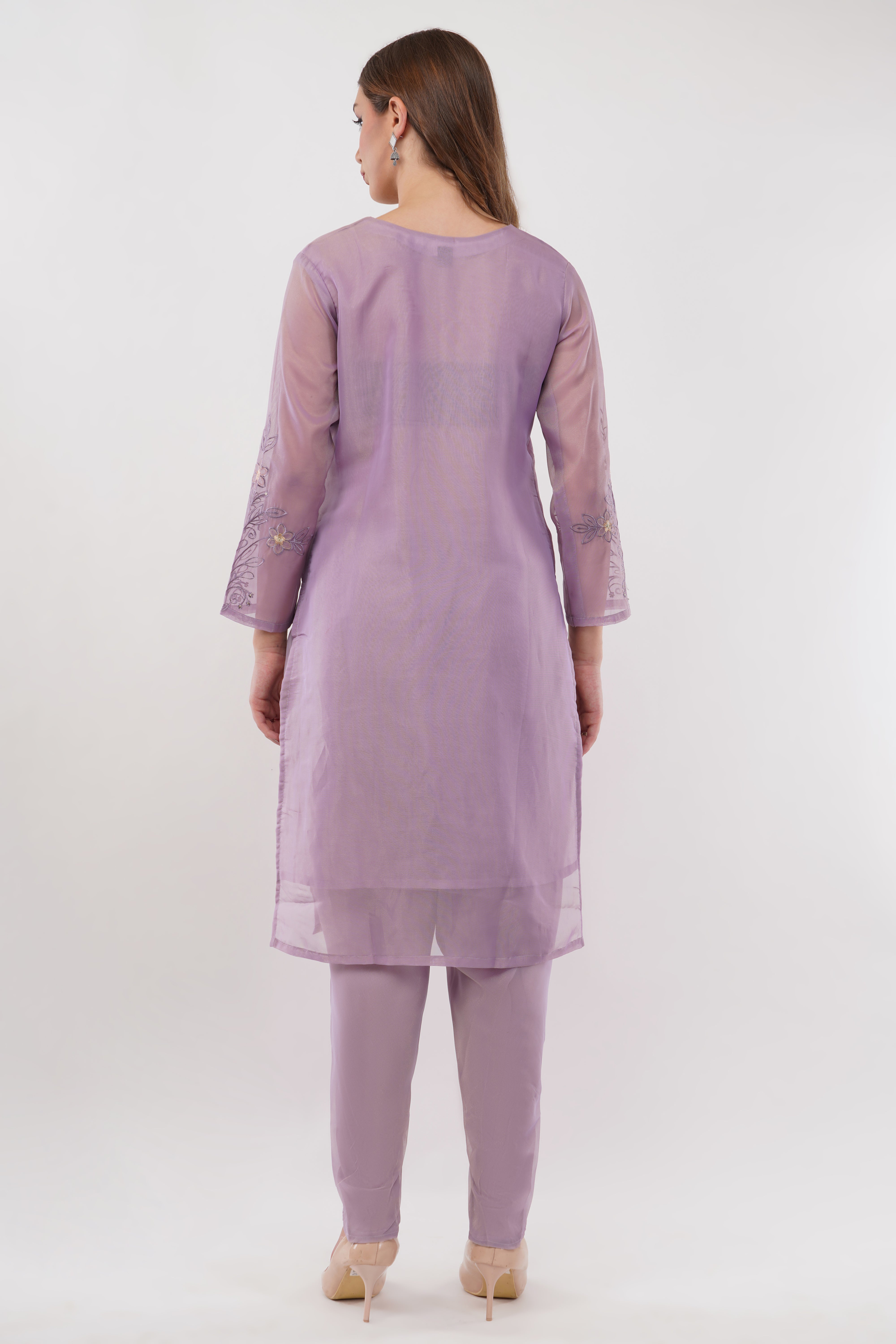 Lavender Shimmer Organza Embroidered Suit, Tulip Pants & Jacquard Dupatta - Set Of 3