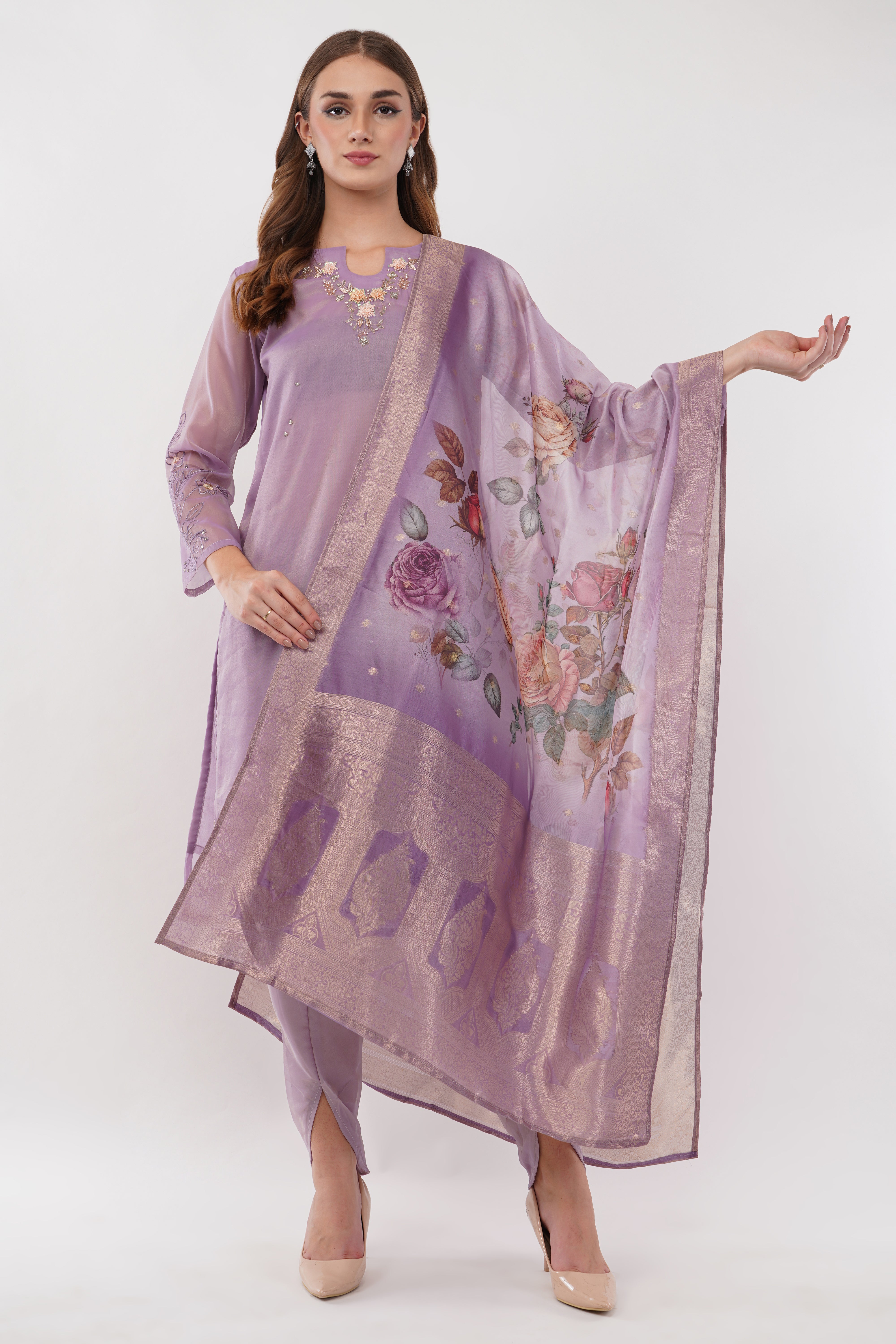 Lavender Shimmer Organza Embroidered Suit, Tulip Pants & Jacquard Dupatta - Set Of 3