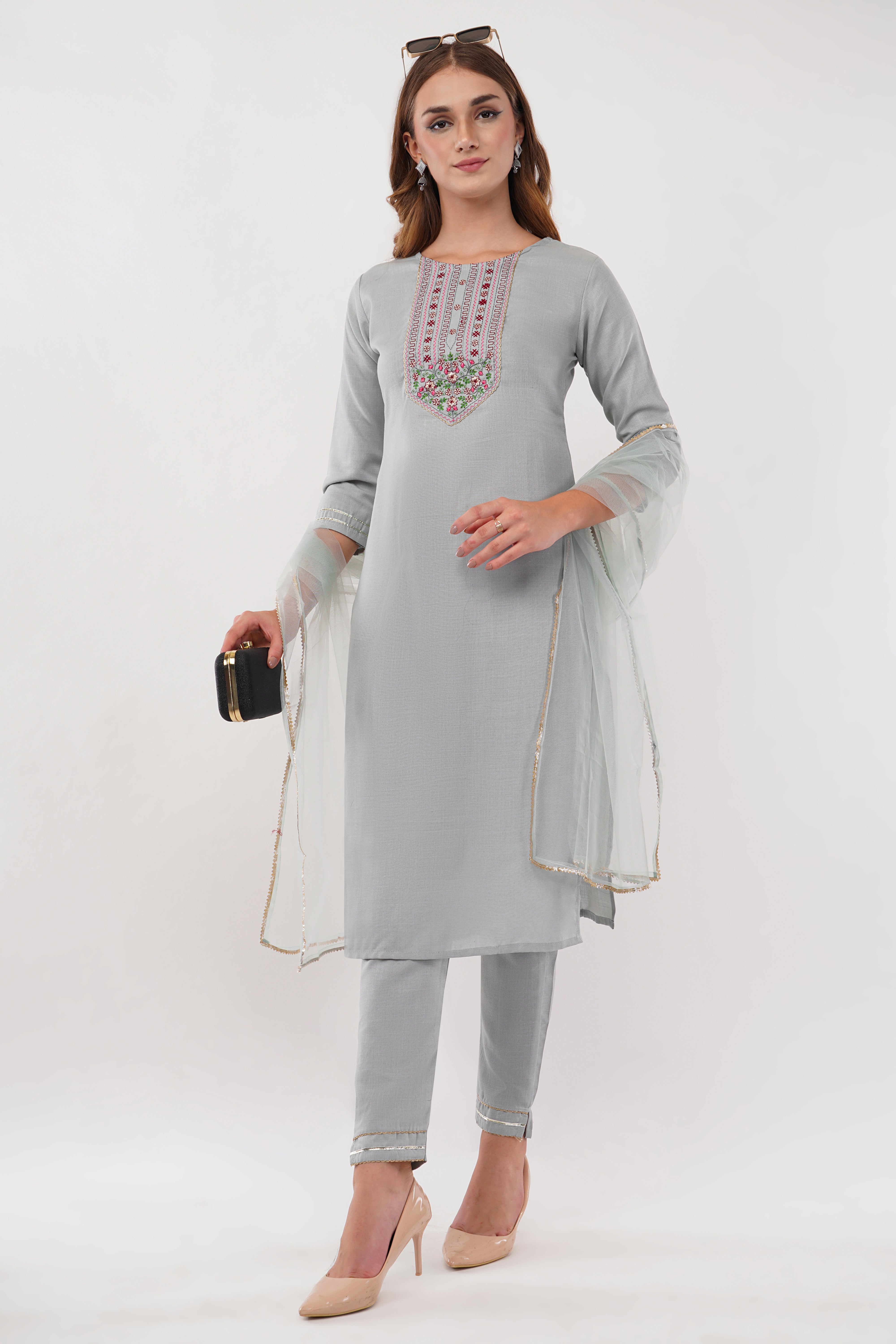 Light Blue Cotton Fabric Suit Set With Embroidered Yoke - Set Of 3