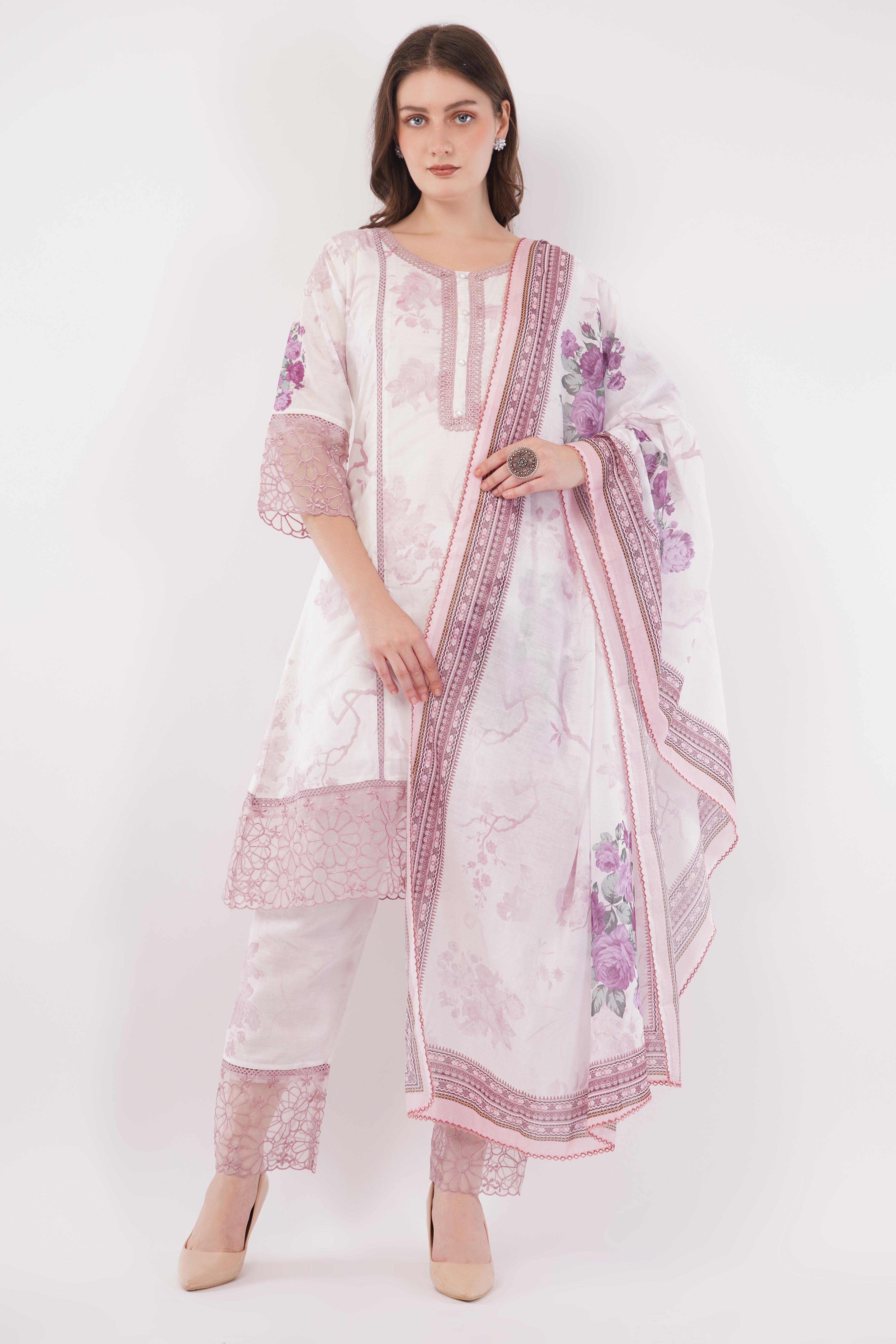 Light Pink Short Printed Suit Set & Dupatta, With Sheer Details - Set Of 3