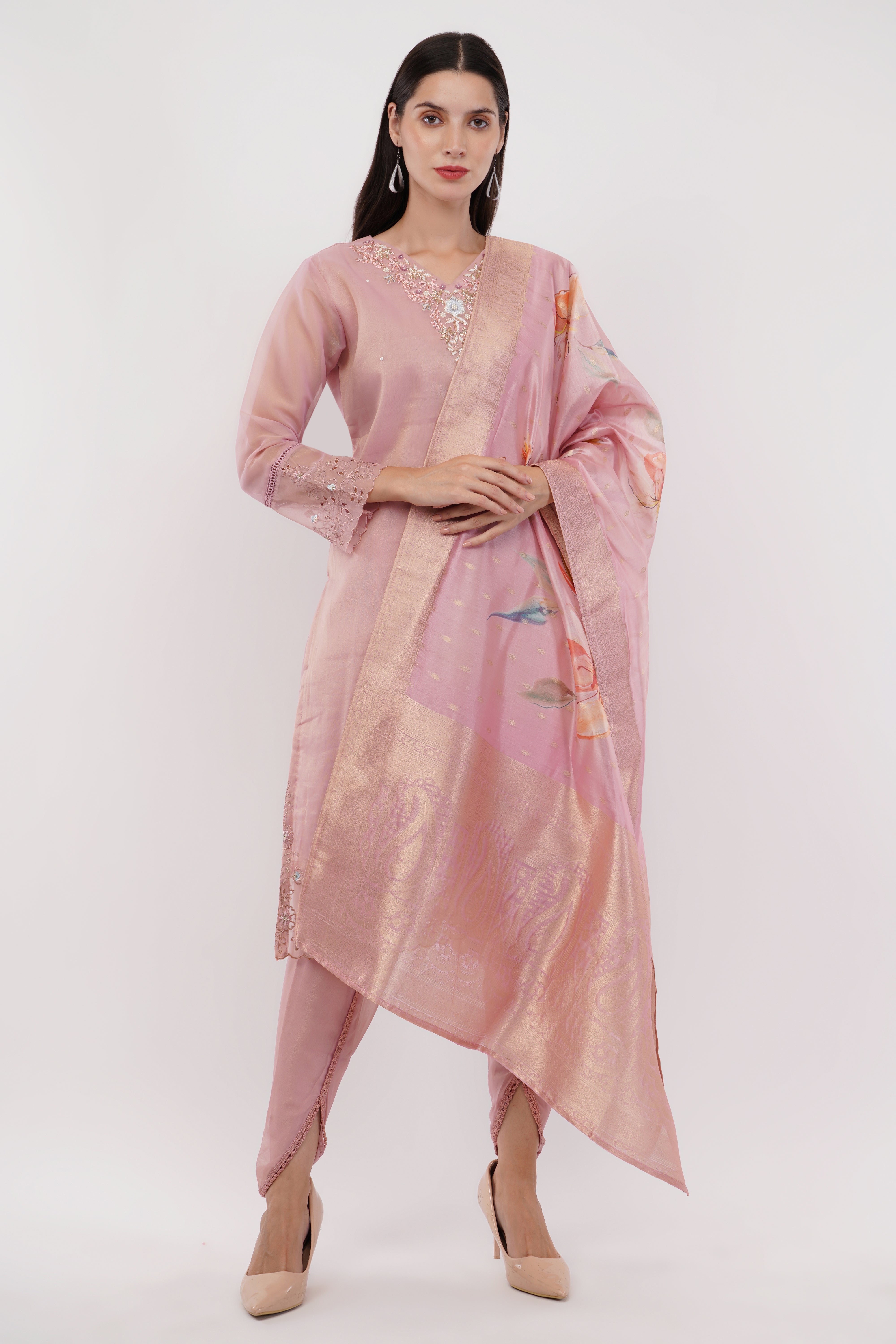 Light Pink Shimmer Organza Embroidered Suit, Tulip Pants & Jacquard Dupatta - Set Of 3