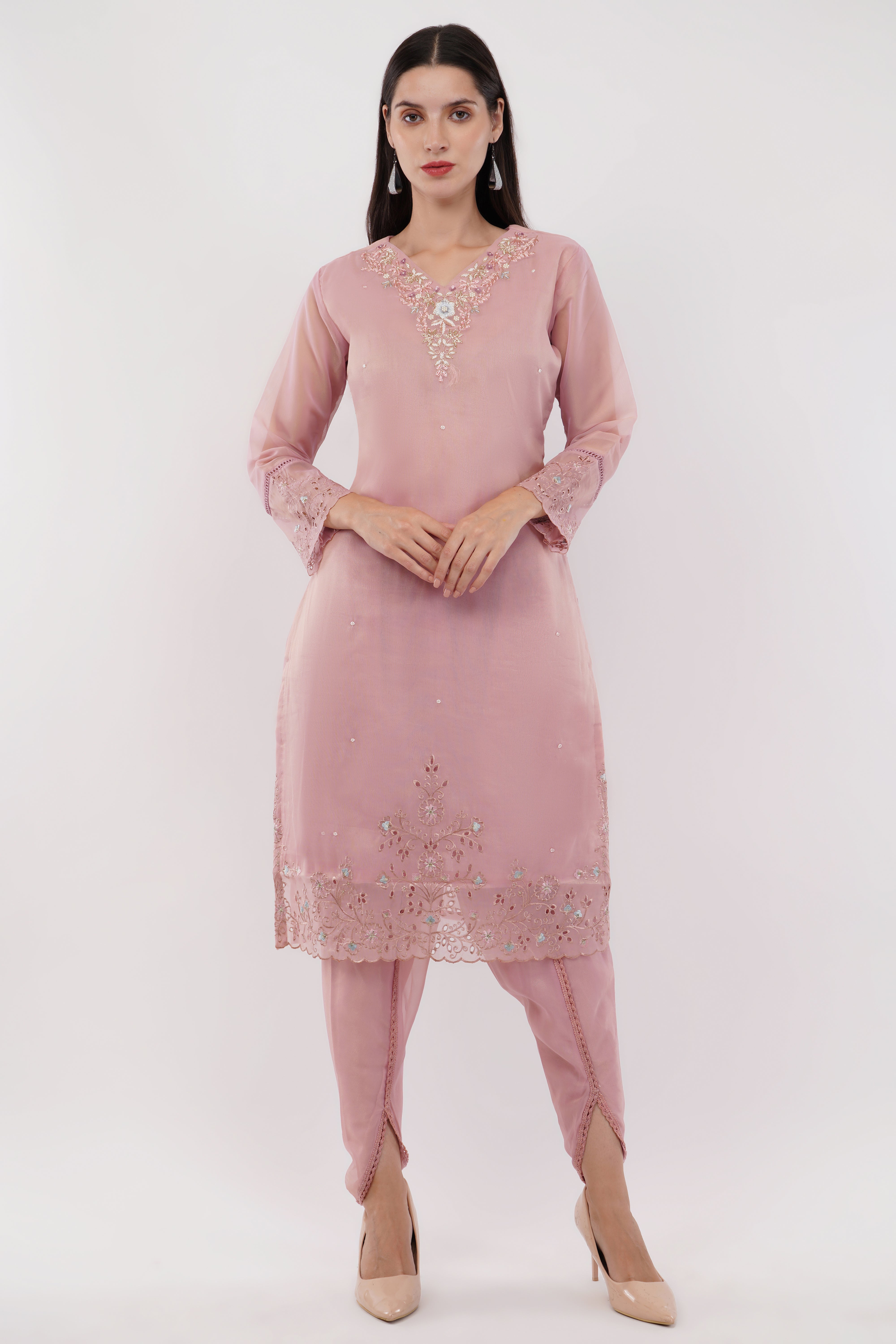 Light Pink Shimmer Organza Embroidered Suit, Tulip Pants & Jacquard Dupatta - Set Of 3