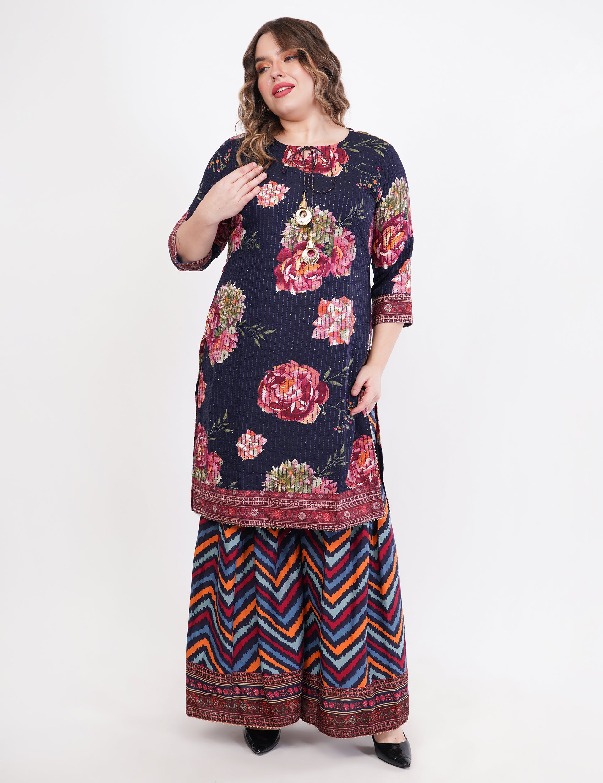 Rayon Suit With Flared Sharara Pants - Set Of 3