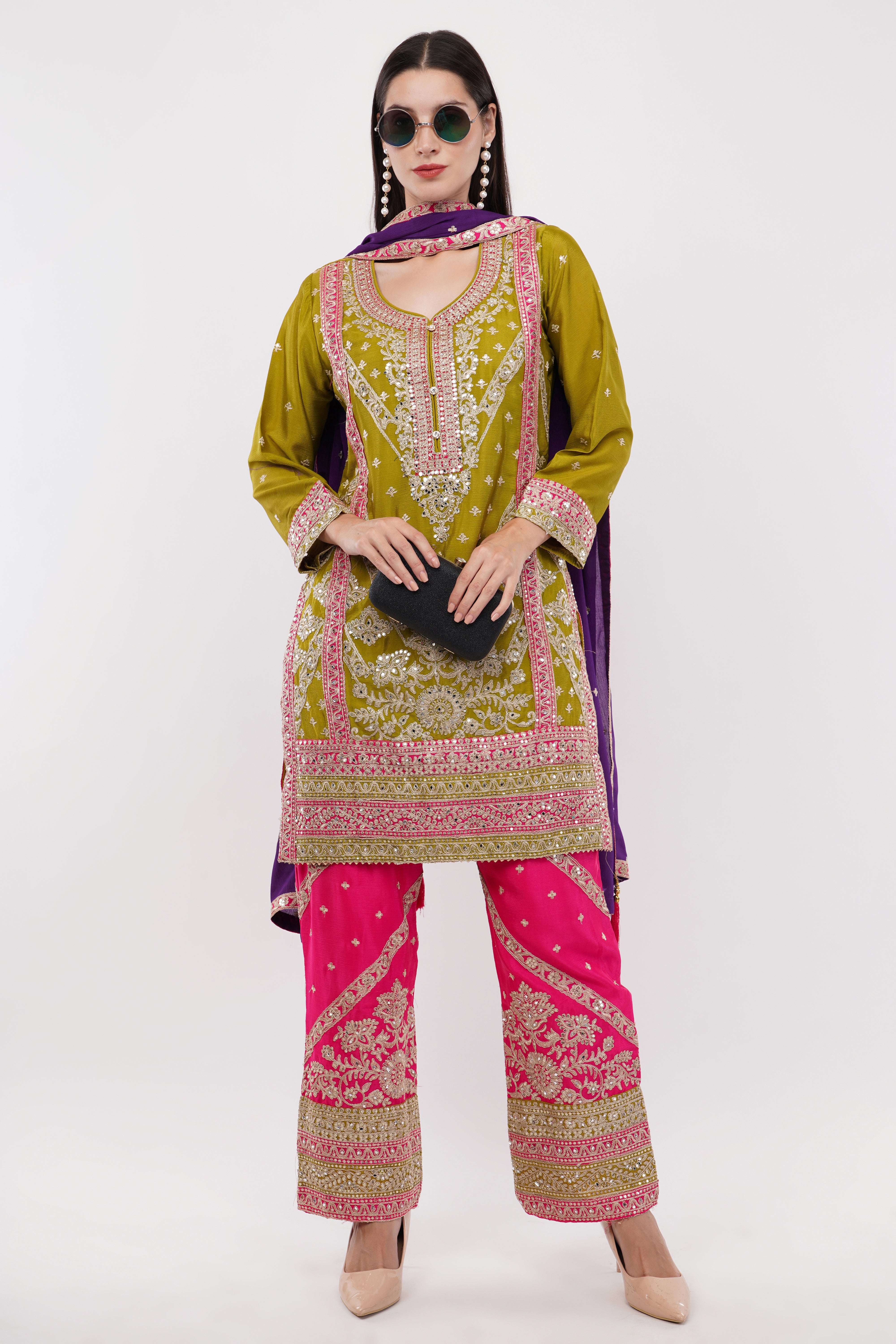 Multi-Color Contrasting Suit Set With Embroidery - Set Of 3