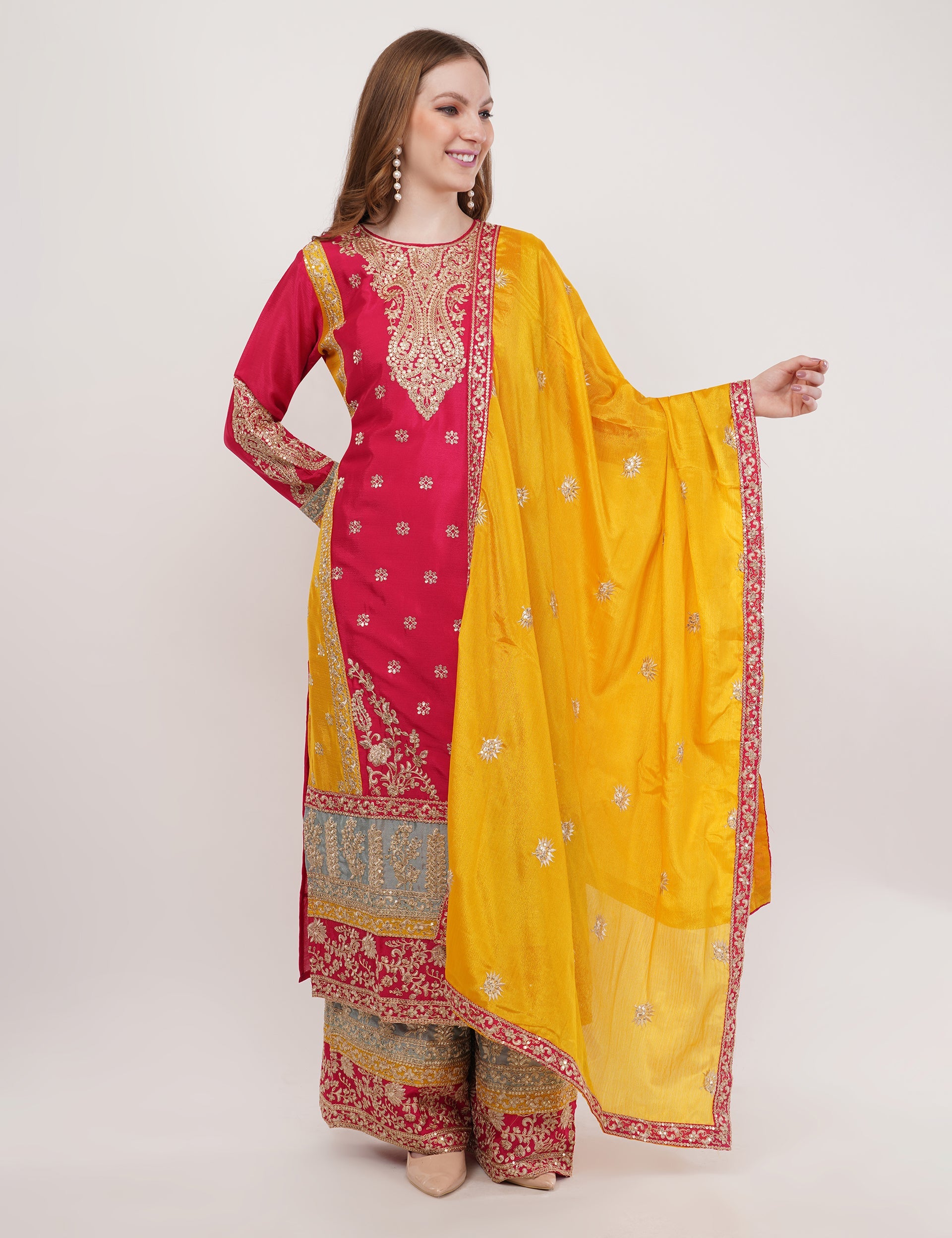 Embroidered Long Suit Set With Contrasting Dupatta - Set Of 3