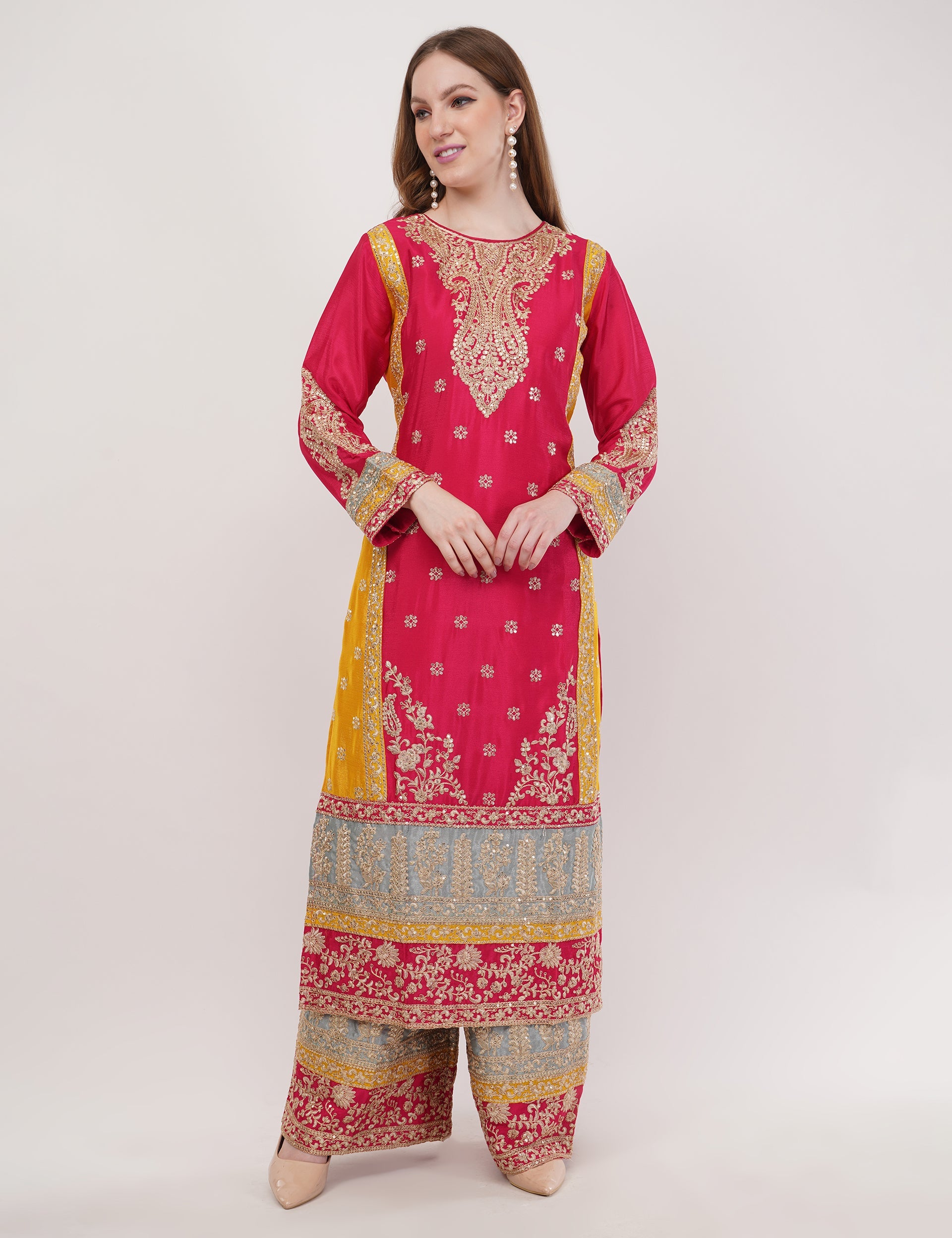 Embroidered Long Suit Set With Contrasting Dupatta - Set Of 3