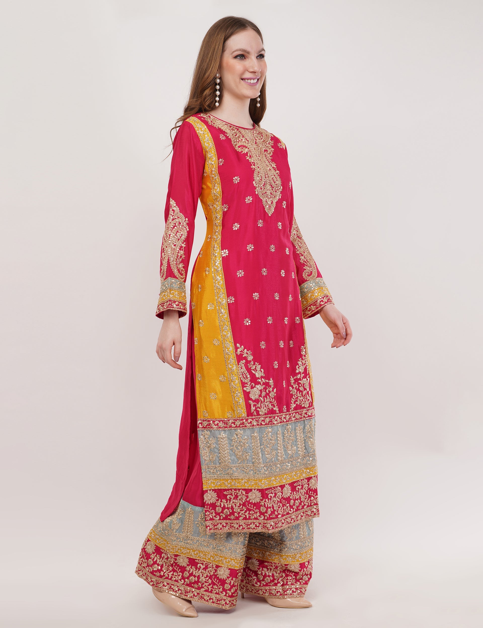 Embroidered Long Suit Set With Contrasting Dupatta - Set Of 3