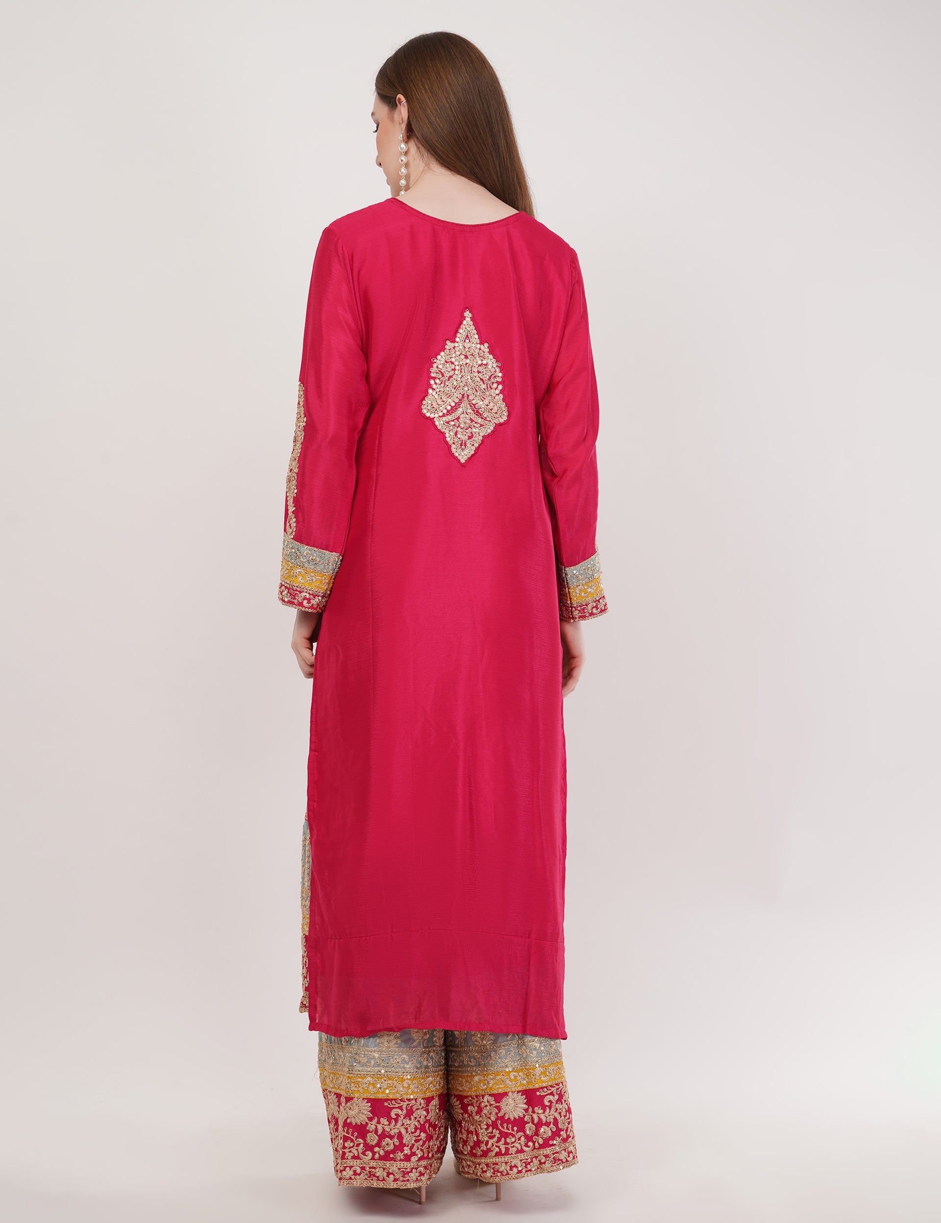 Embroidered Long Suit Set With Contrasting Dupatta - Set Of 3