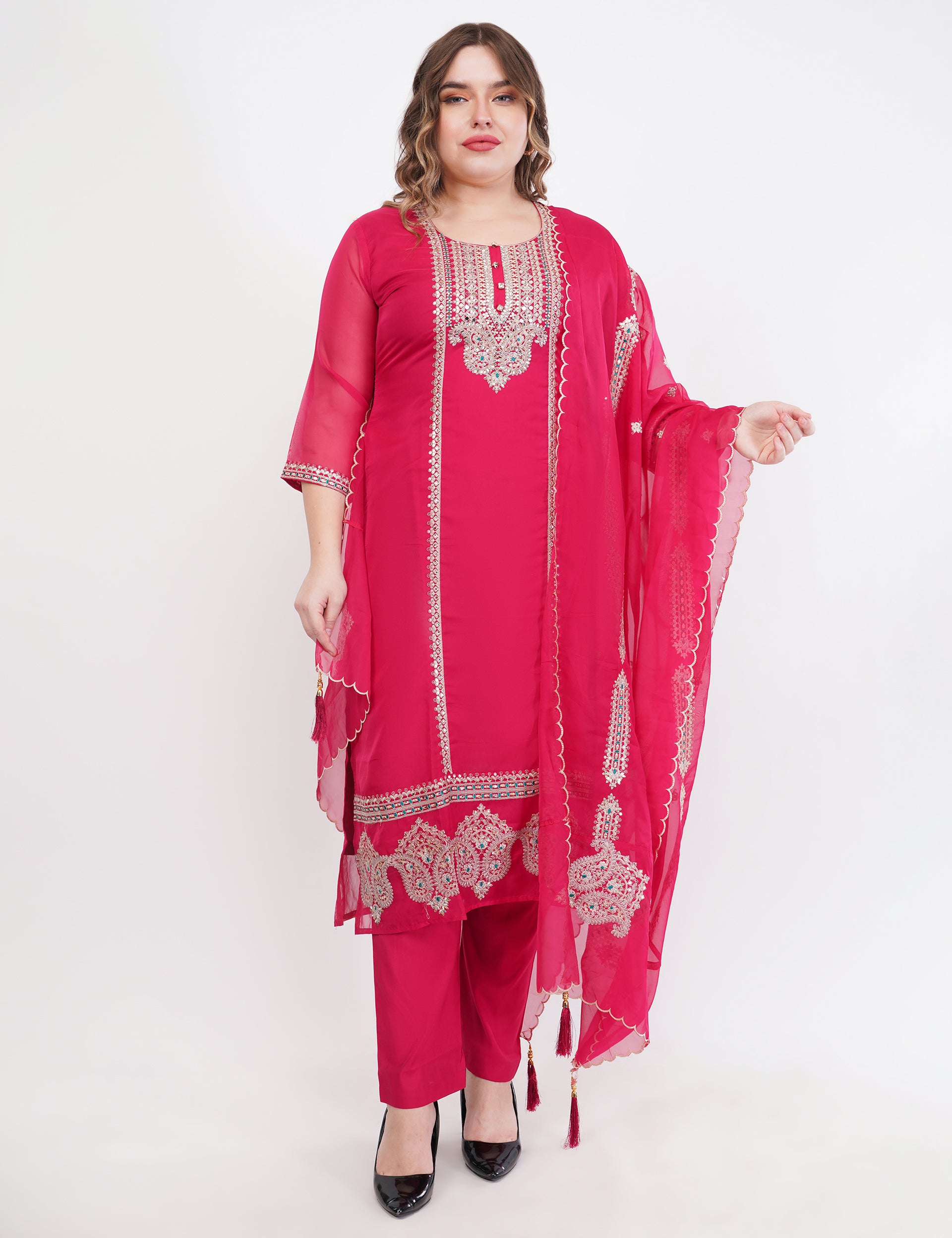 Magenta Embroidered Suit Set - Set Of 3