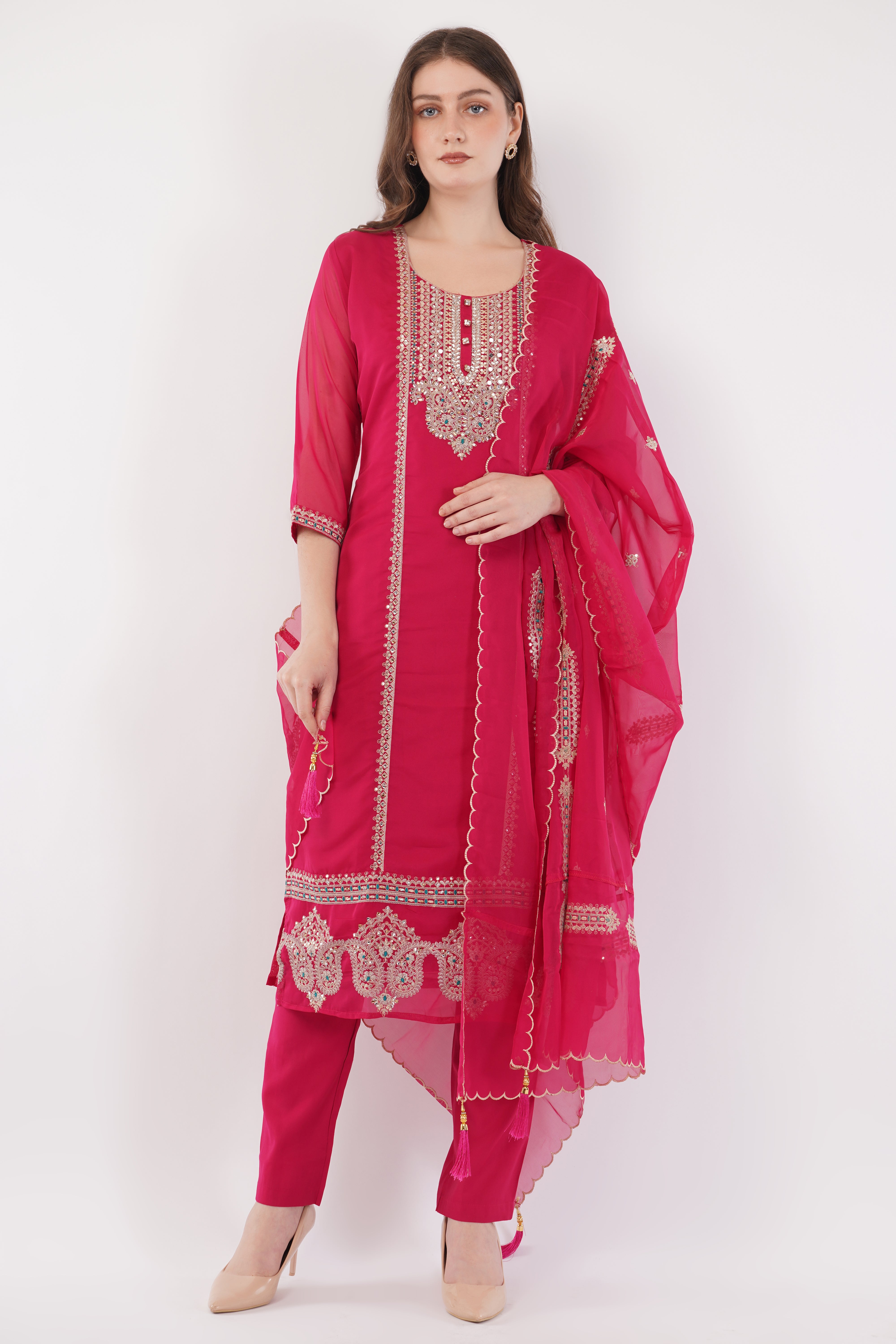 Magenta Embroidered Suit Set - Set Of 3