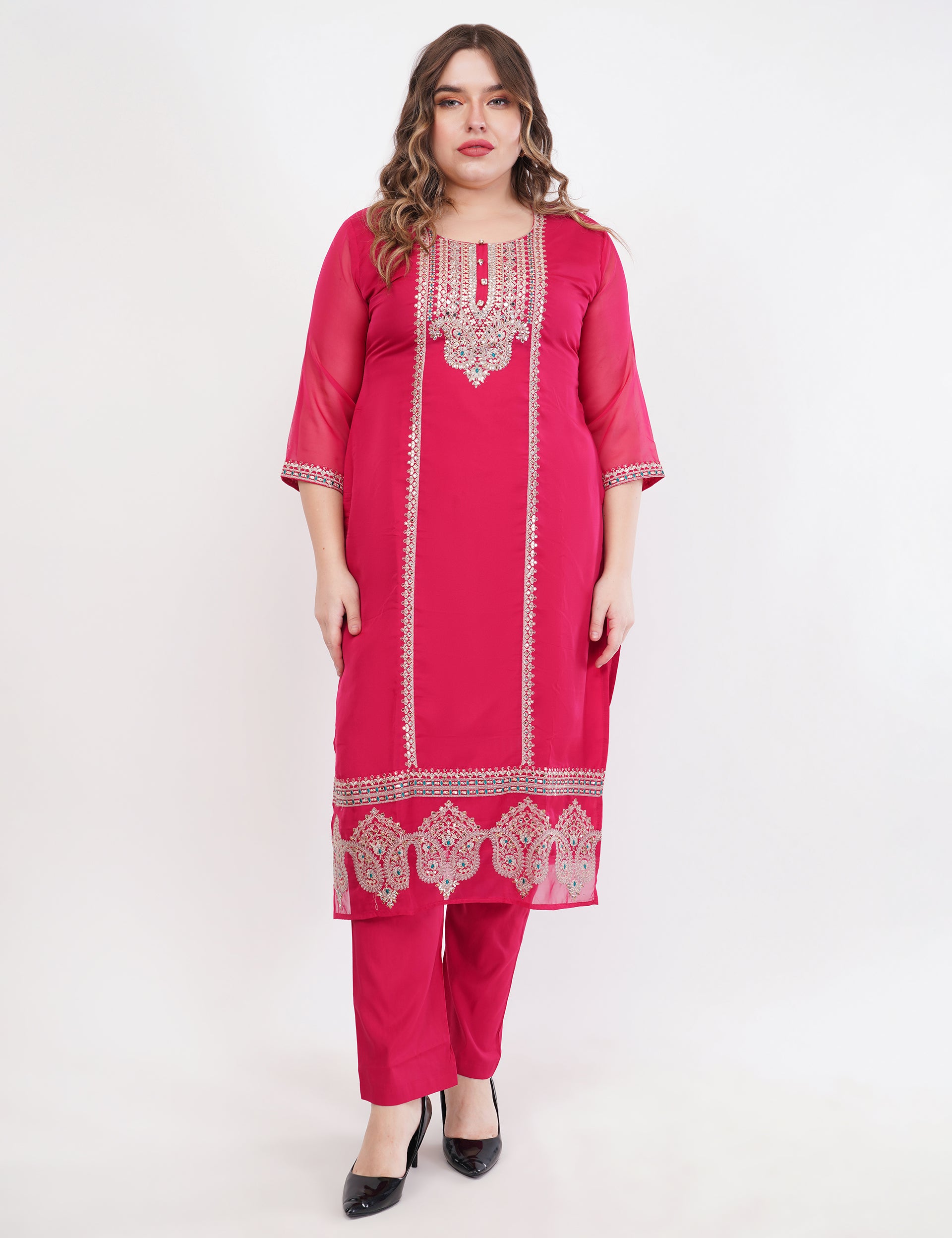 Magenta Embroidered Suit Set - Set Of 3