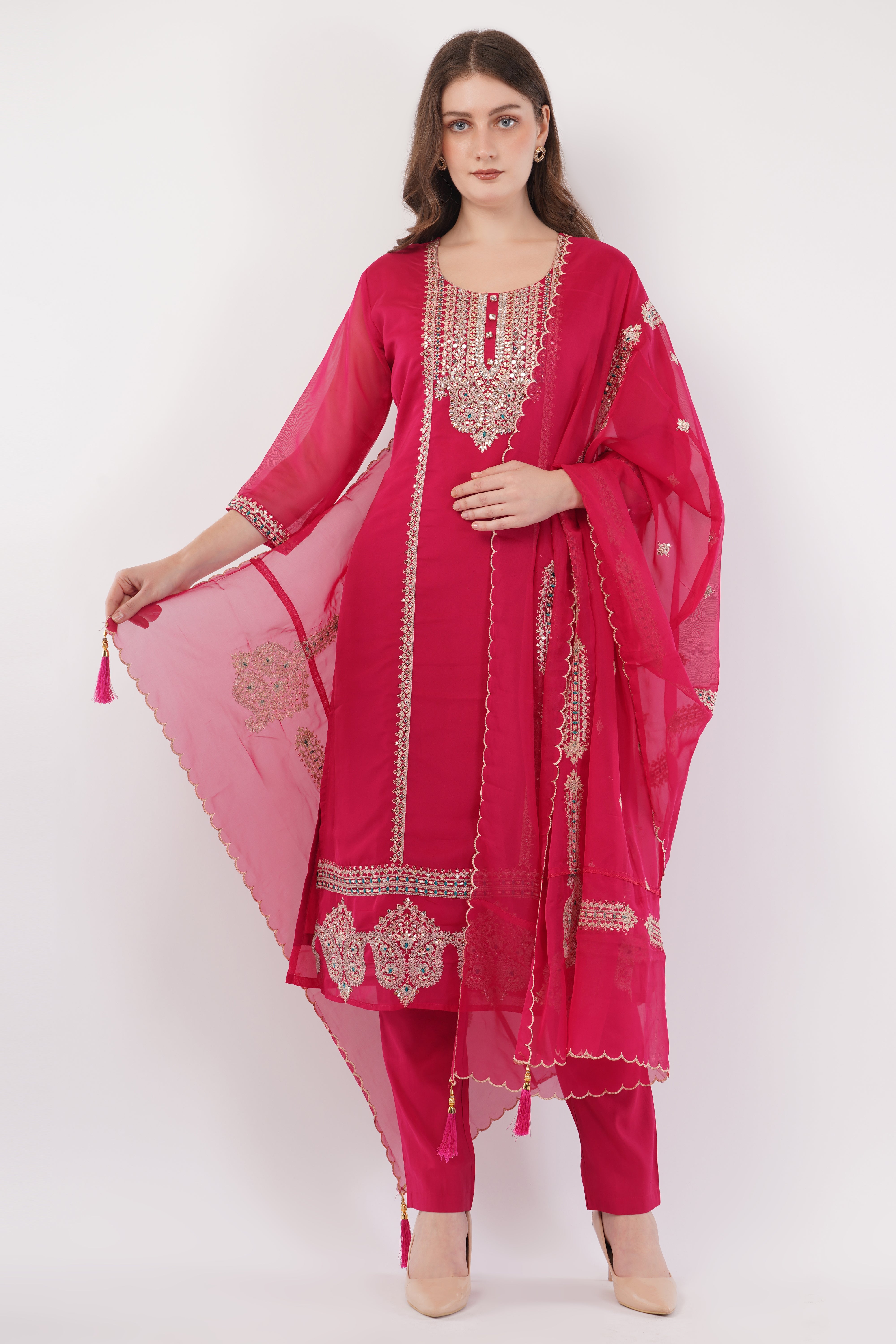 Magenta Embroidered Suit Set - Set Of 3