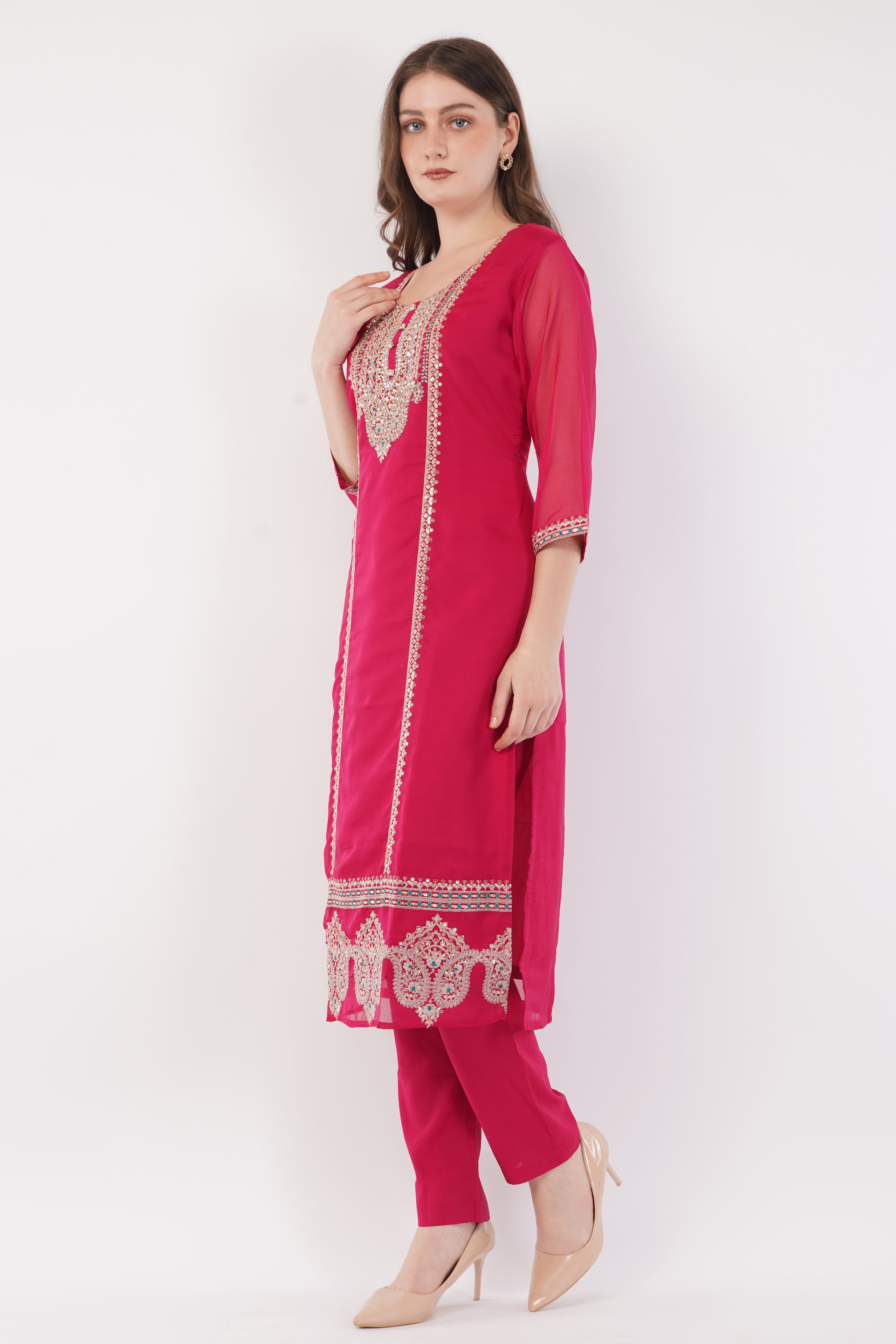 Magenta Embroidered Suit Set - Set Of 3