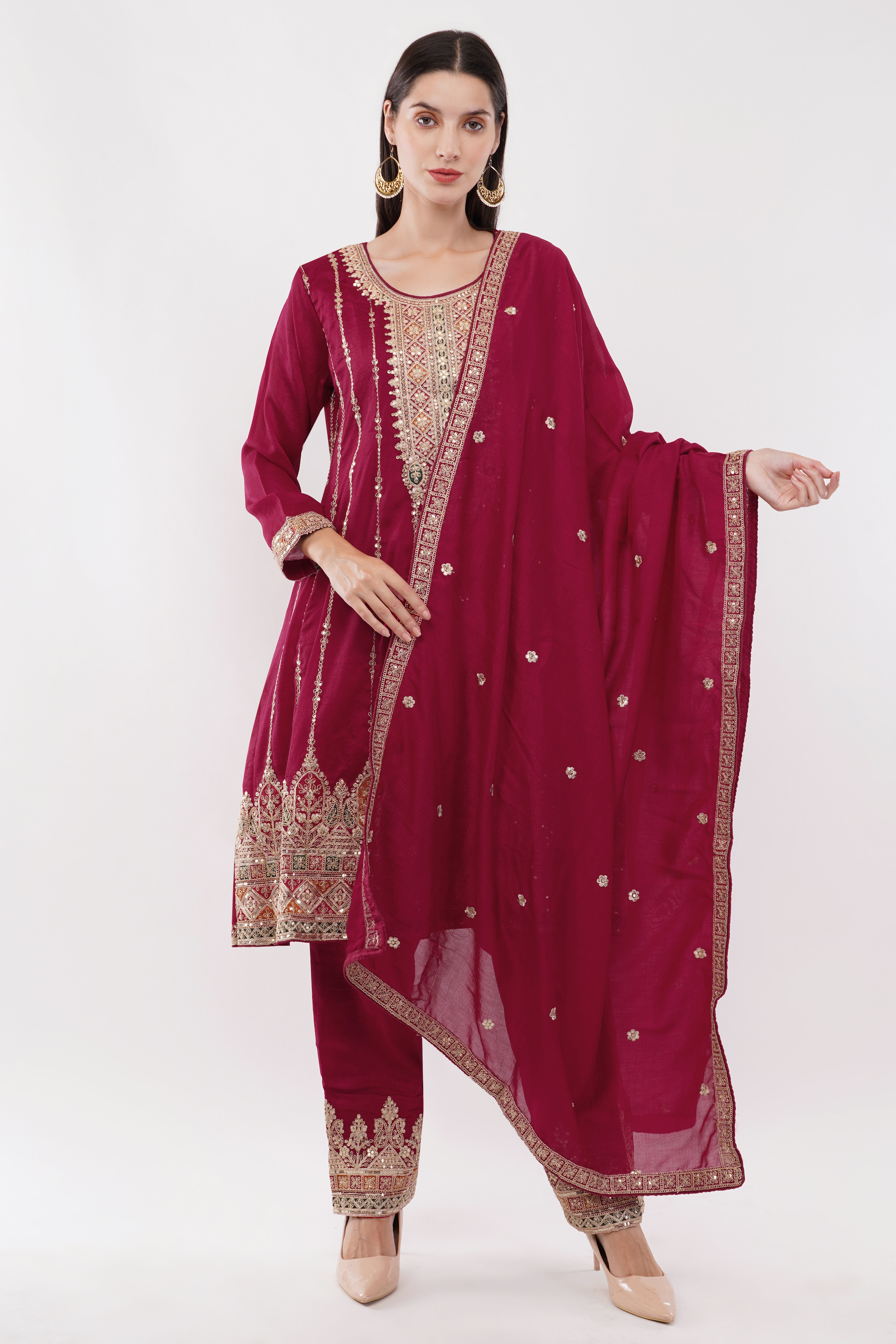 Embroidered Suit With Salwar Pants & Dupatta - Set Of 3