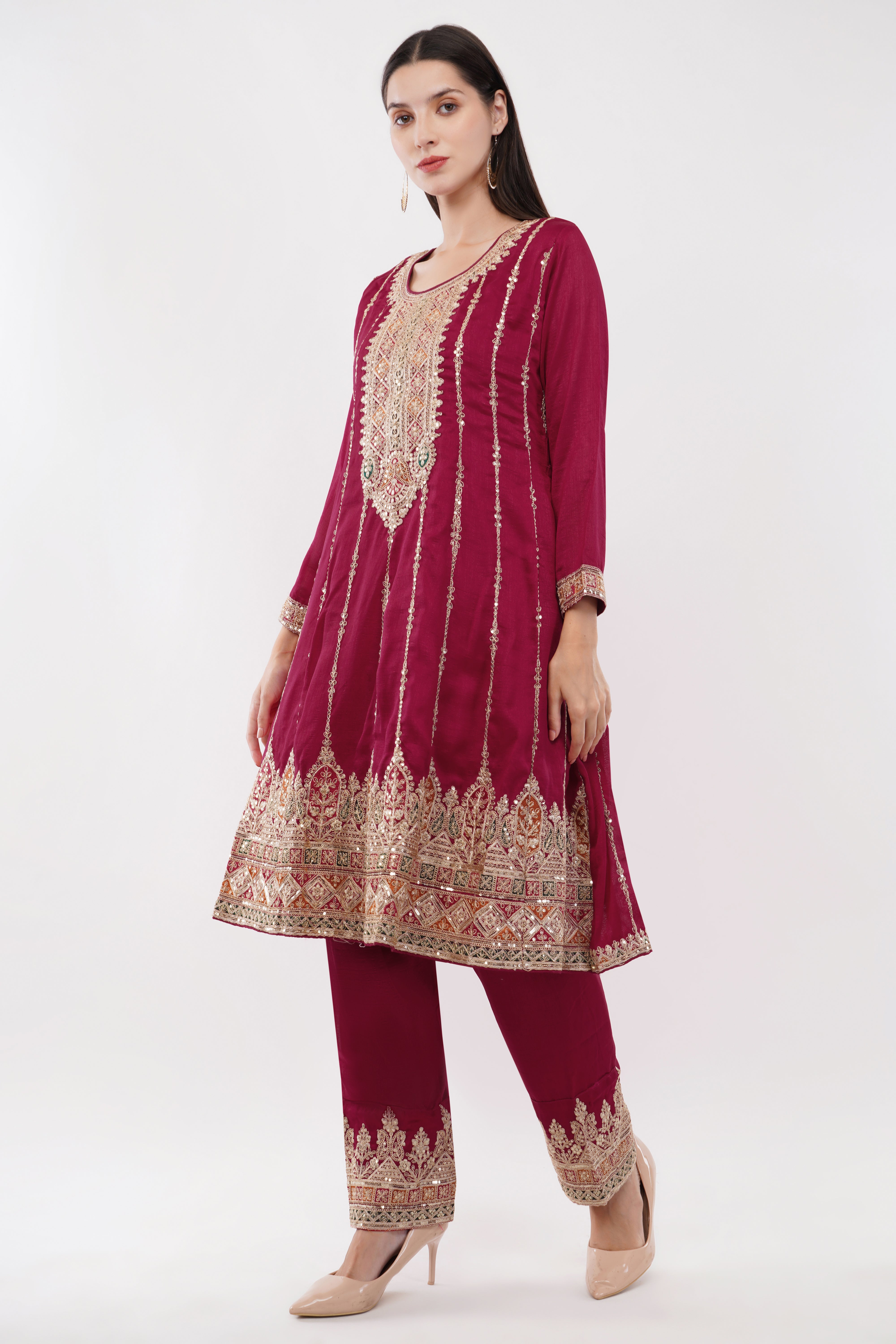 Embroidered Suit With Salwar Pants & Dupatta - Set Of 3