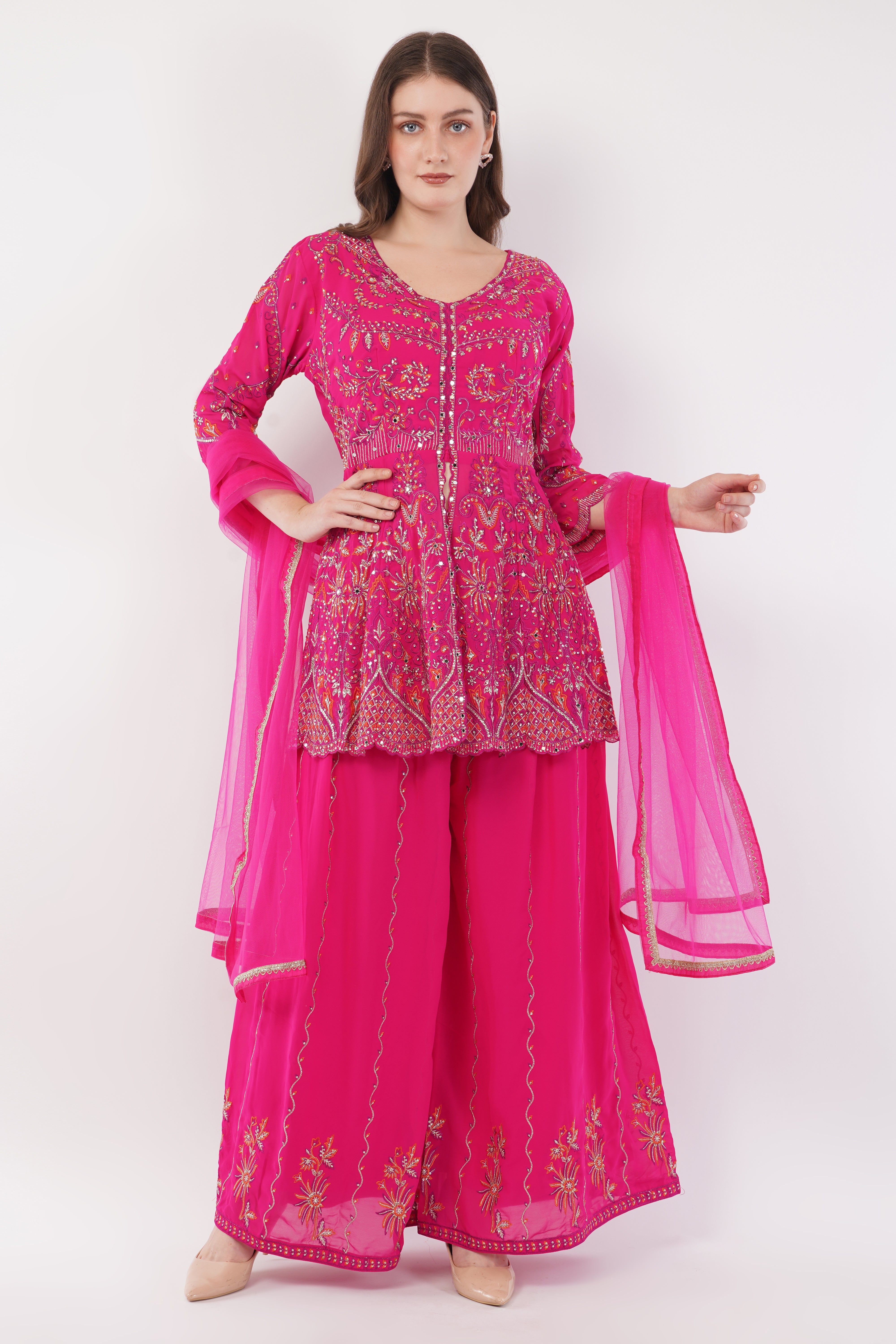 Magenta Embroidered Peplum Suit Set With Flared Pants & Dupatta - Set Of 3