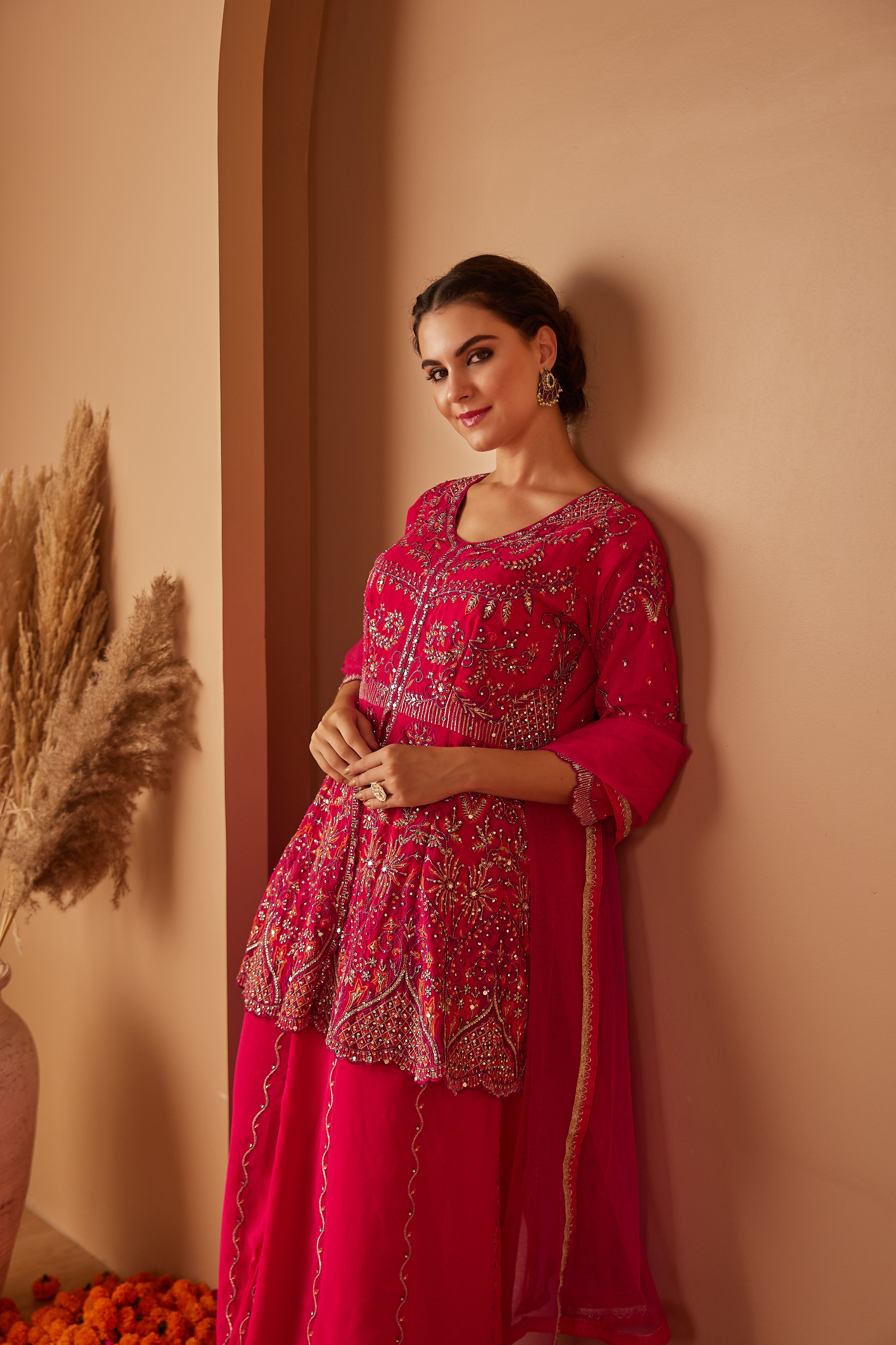 Magenta Embroidered Peplum Suit Set With Flared Pants & Dupatta - Set Of 3