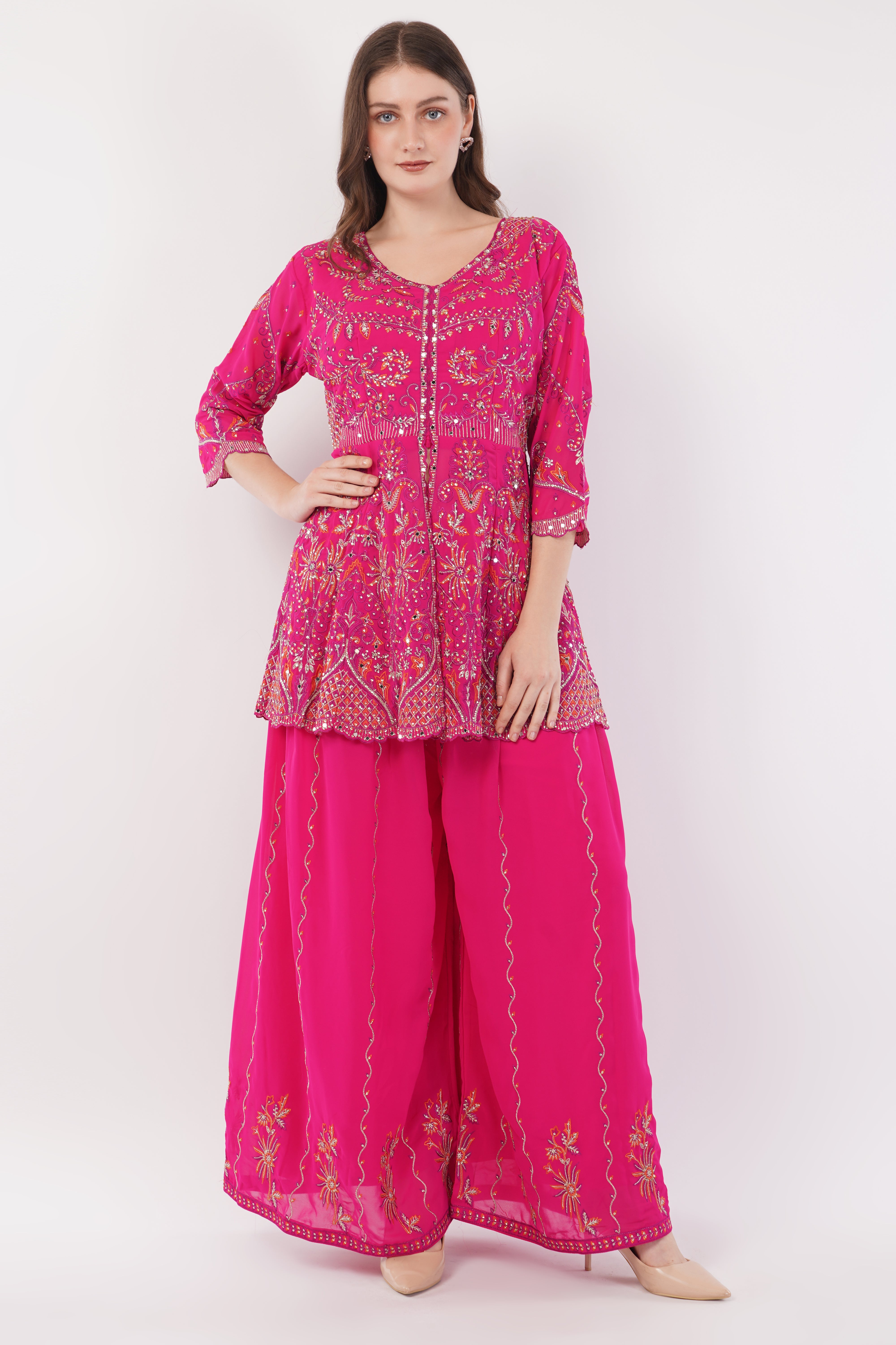 Magenta Embroidered Peplum Suit Set With Flared Pants & Dupatta - Set Of 3