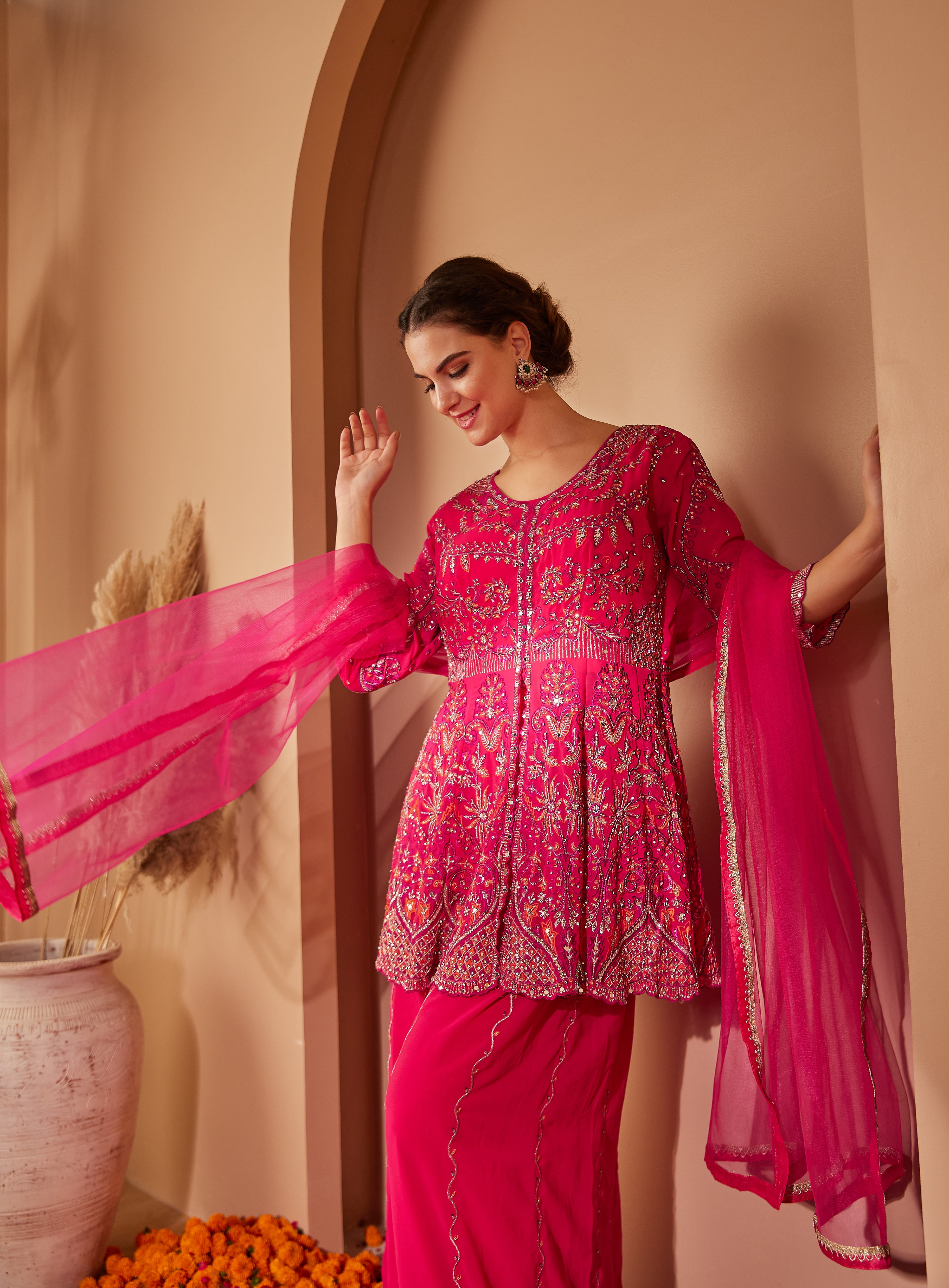 Magenta Embroidered Peplum Suit Set With Flared Pants & Dupatta - Set Of 3