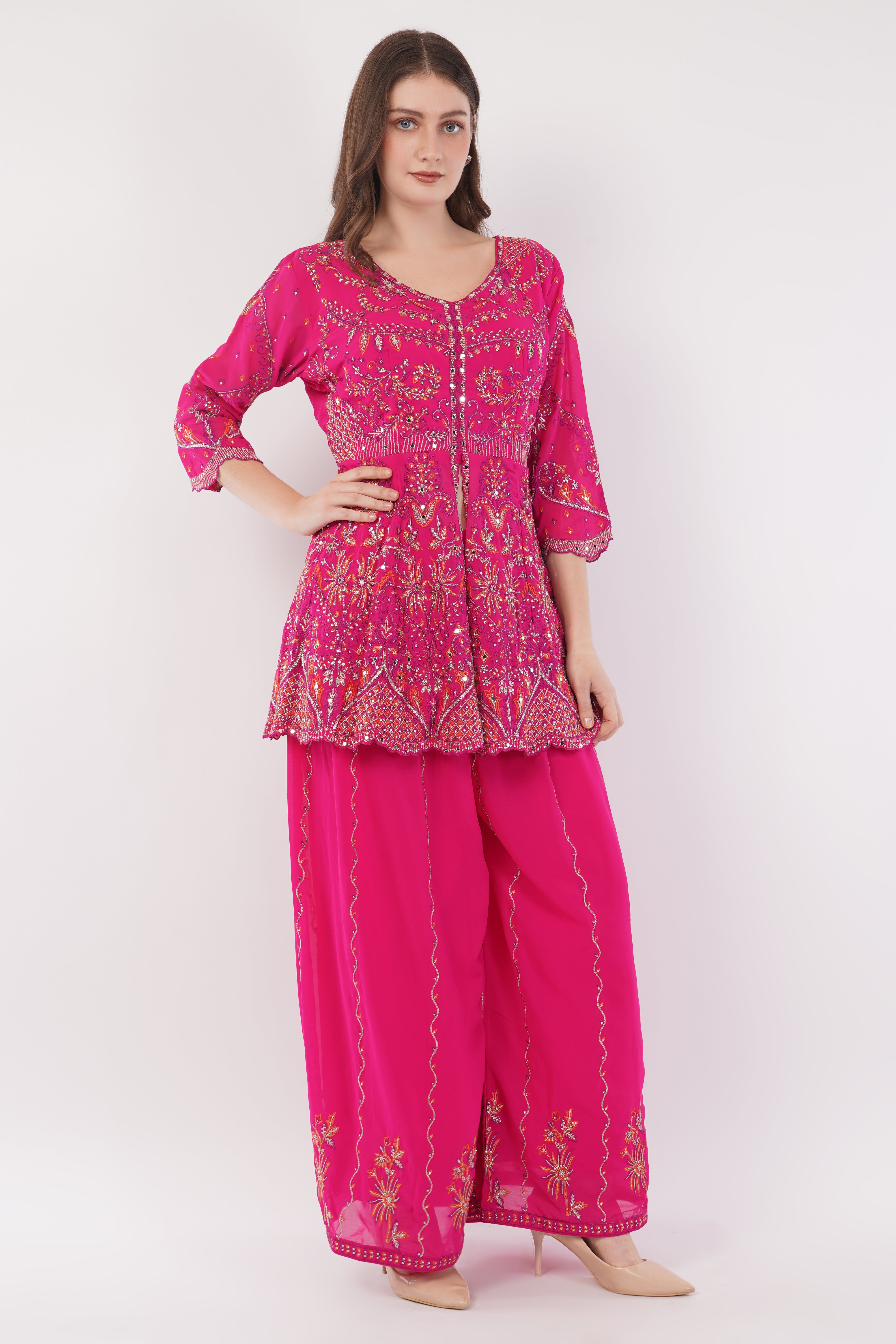 Magenta Embroidered Peplum Suit Set With Flared Pants & Dupatta - Set Of 3