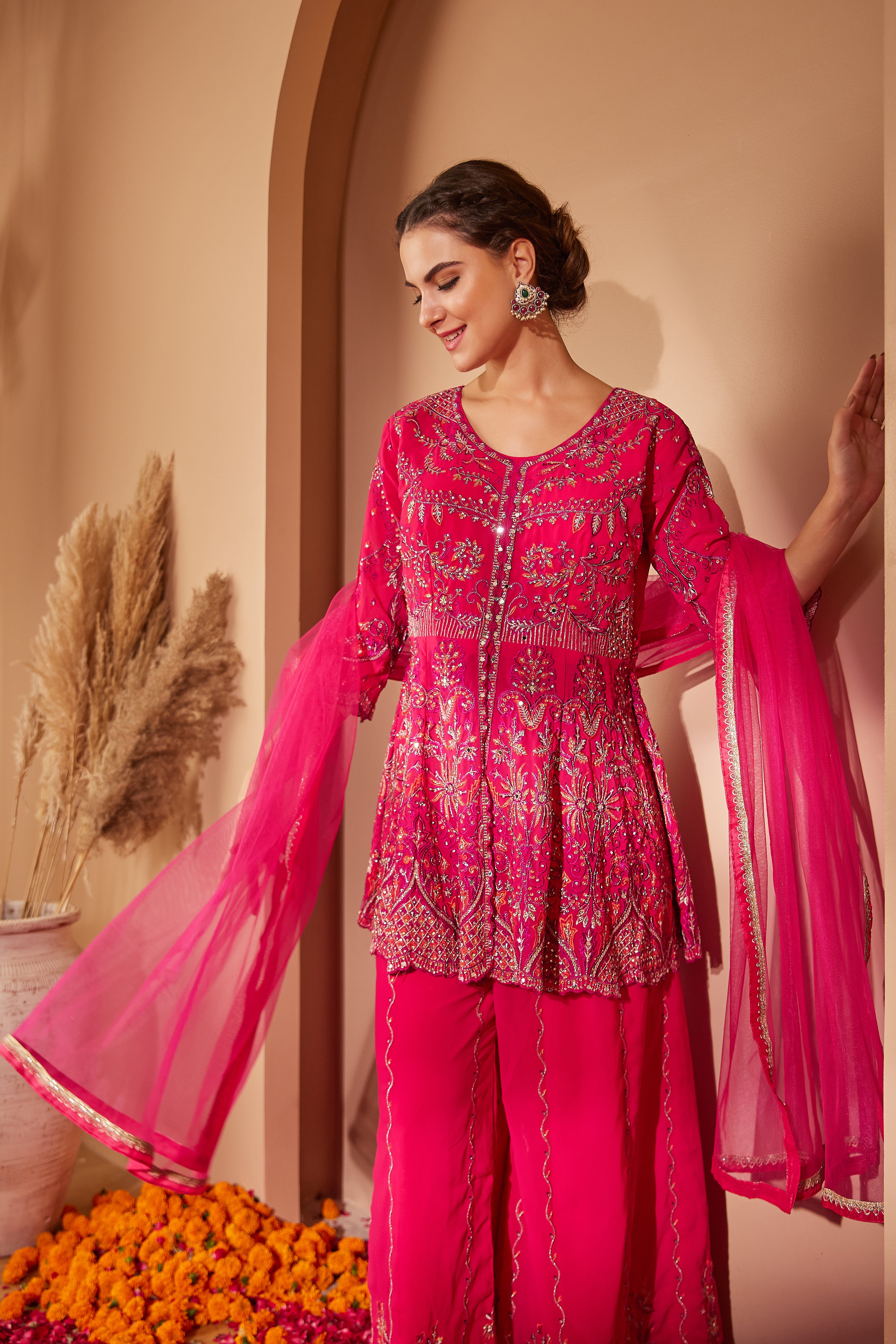 Magenta Embroidered Peplum Suit Set With Flared Pants & Dupatta - Set Of 3