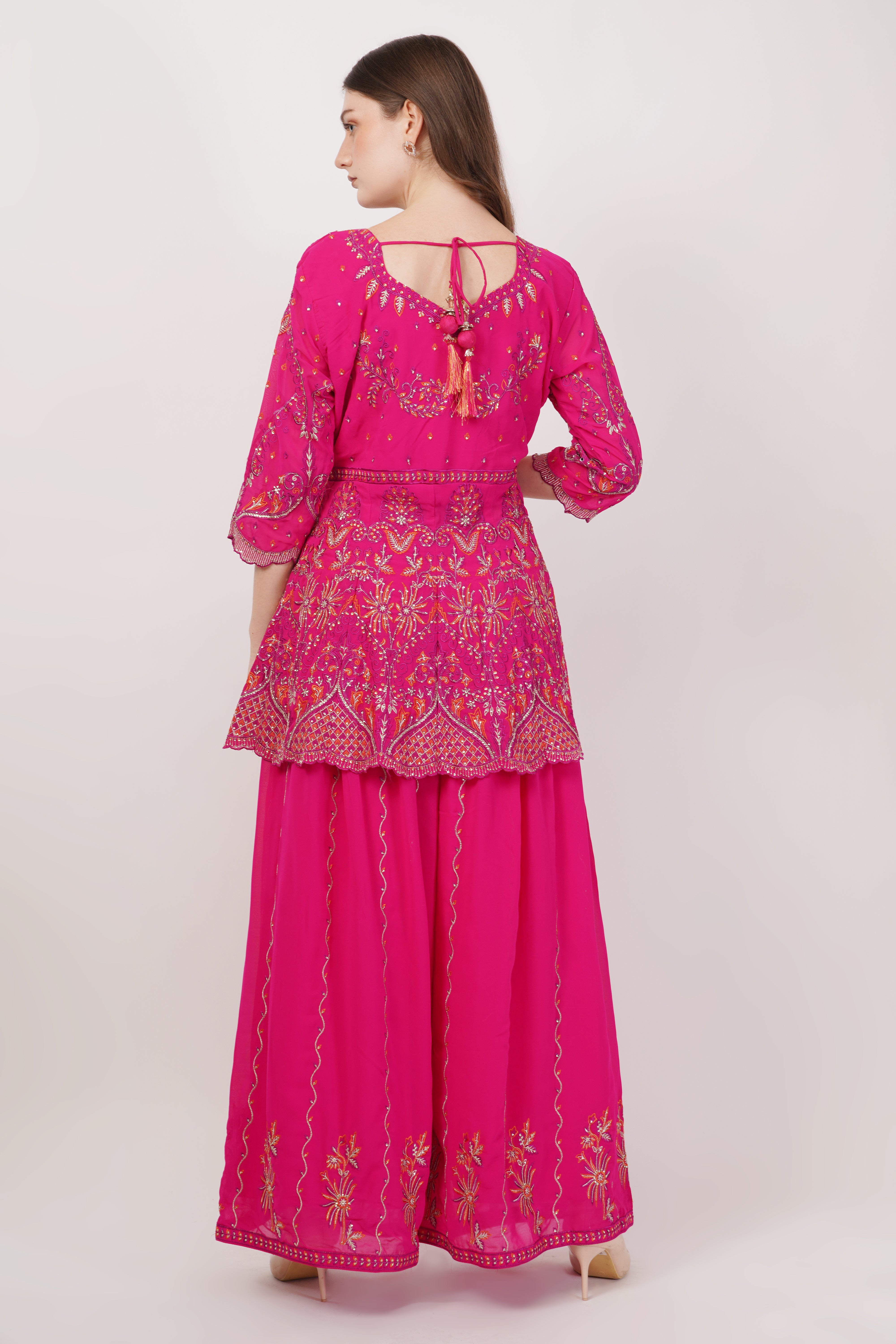 Magenta Embroidered Peplum Suit Set With Flared Pants & Dupatta - Set Of 3