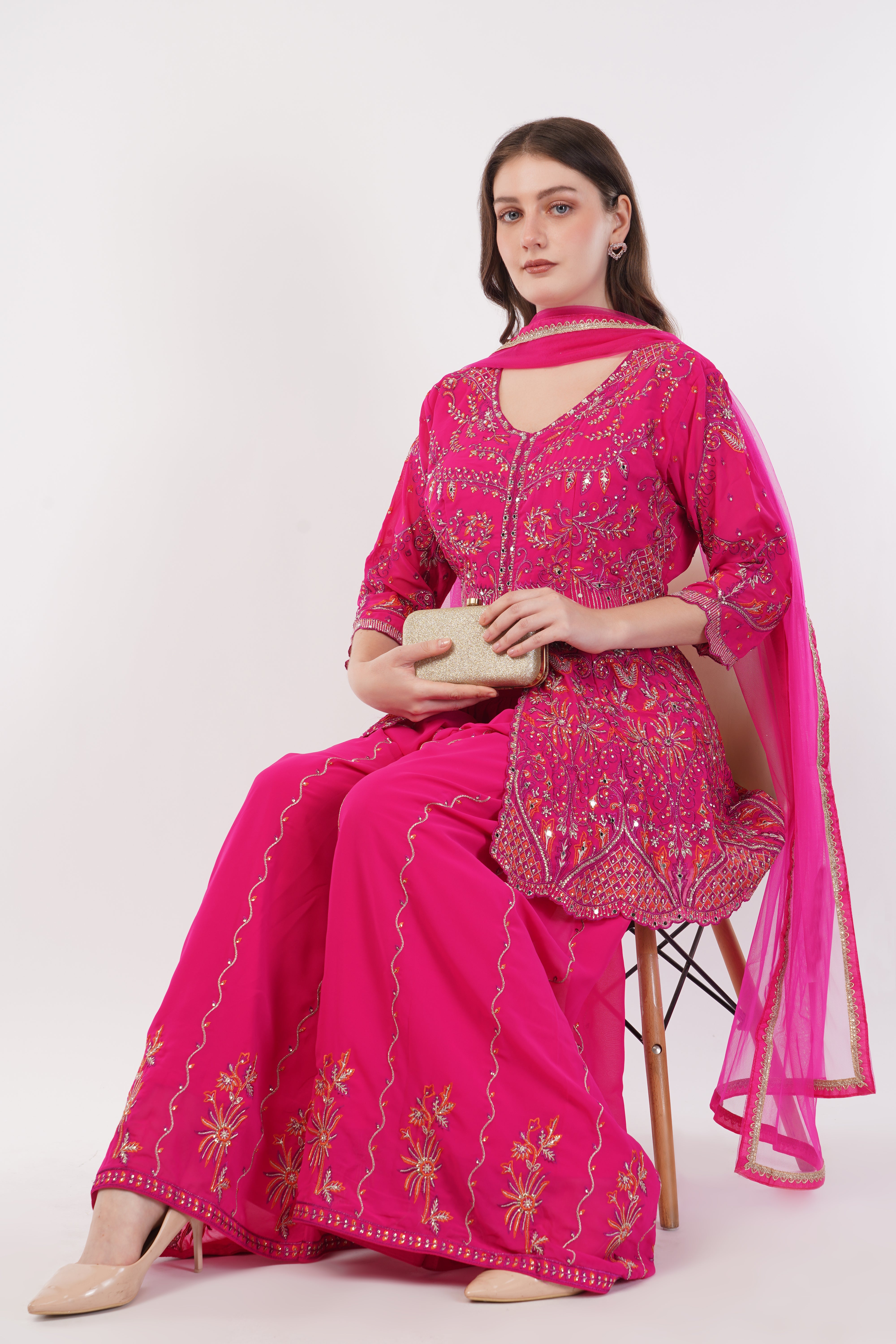 Magenta Embroidered Peplum Suit Set With Flared Pants & Dupatta - Set Of 3