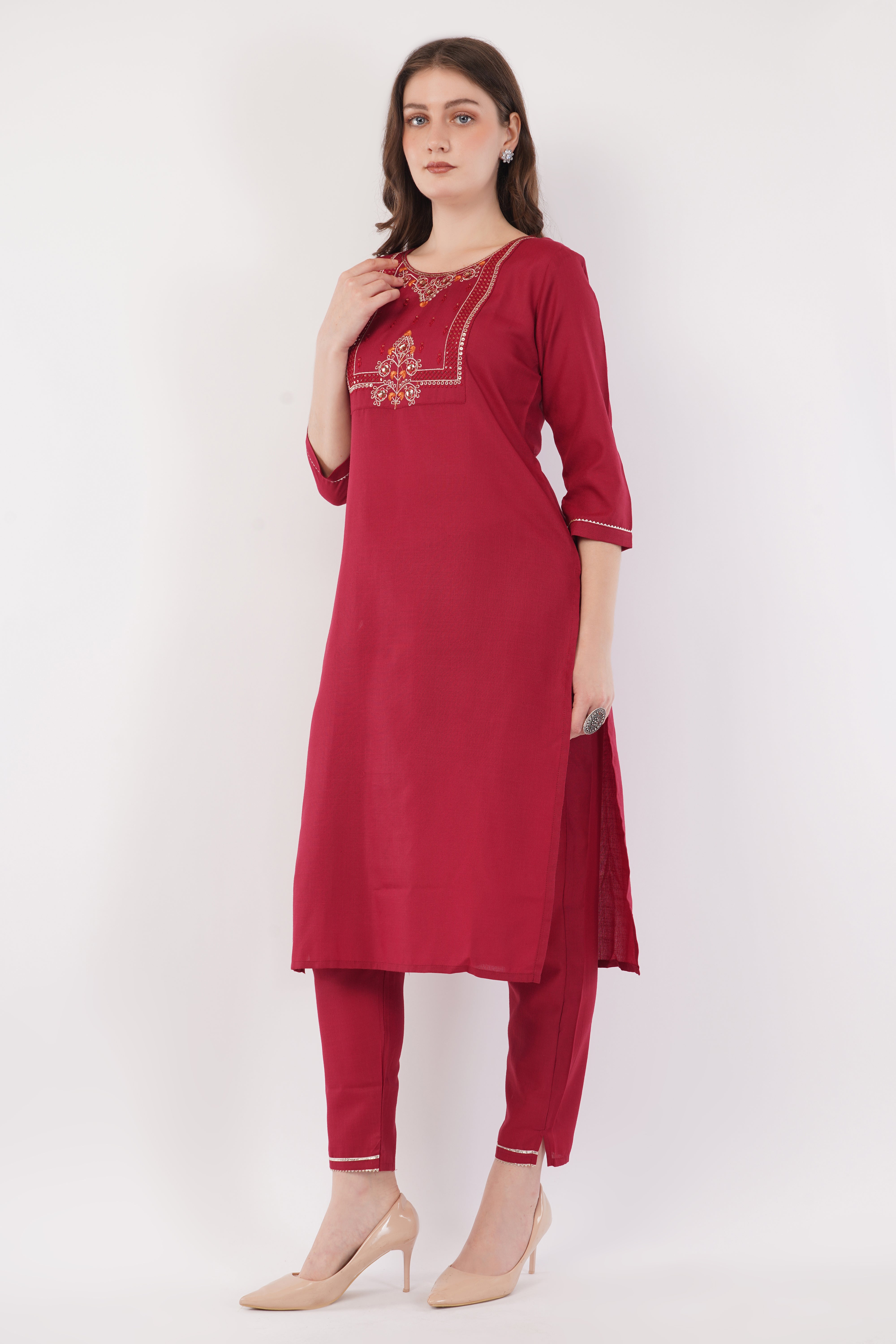 Maroon Fabric Cotton With  Embroidered Yoke Suit Set  - Set Of 3