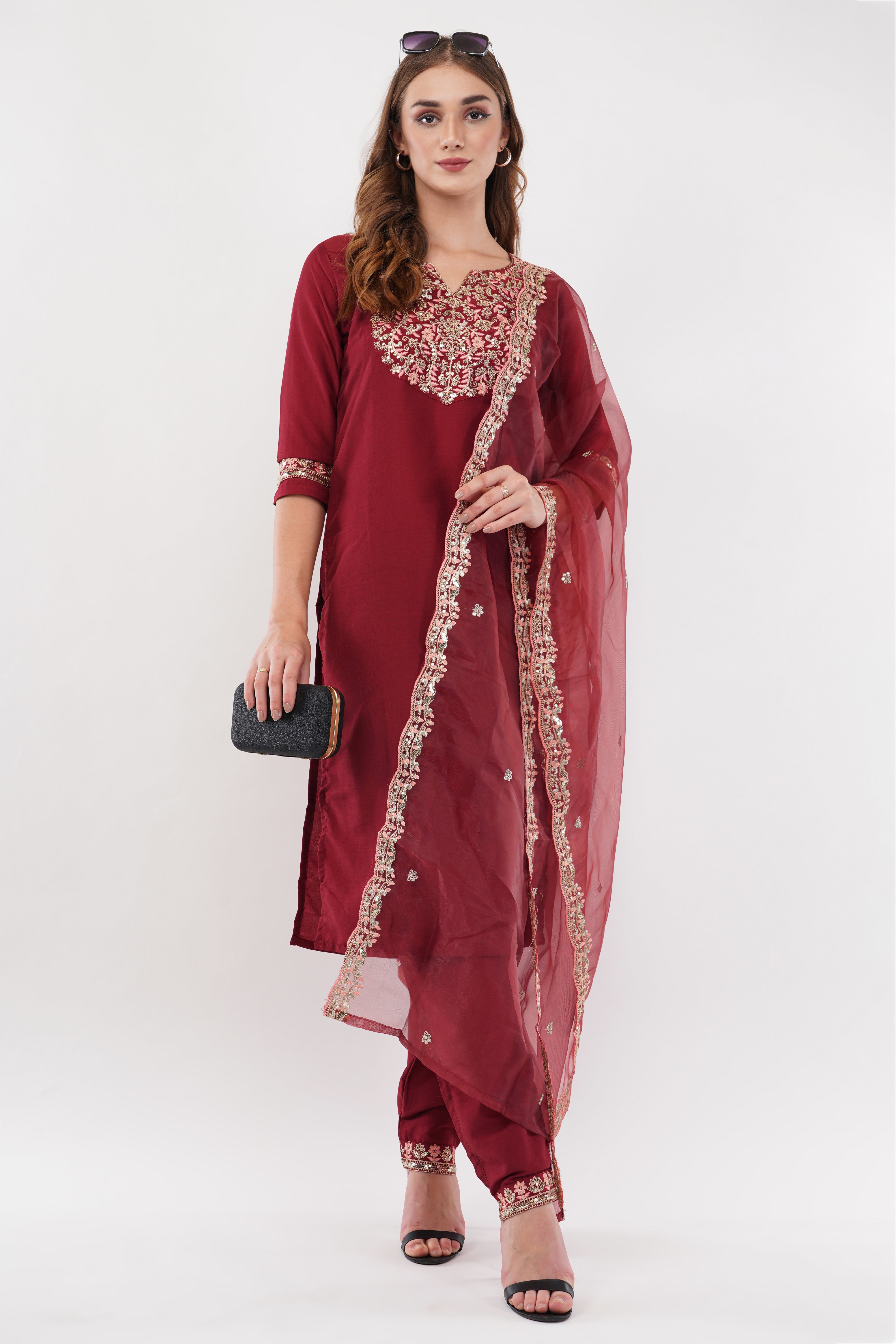 Maroon Embroidered Suit Set With Dupatta - Set Of 3