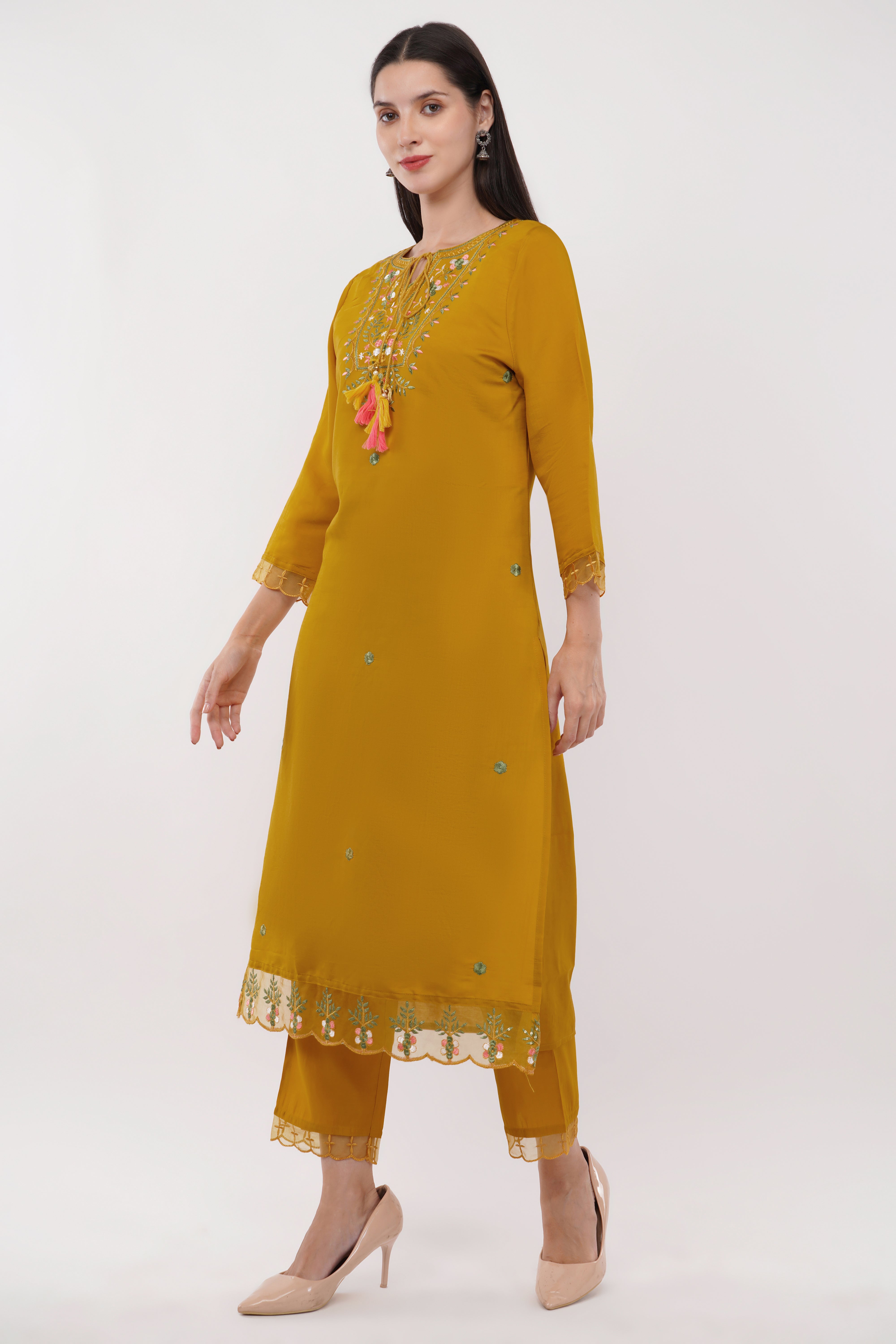 Mustard Viscose Suit With Printed Dupatta - Set Of 3