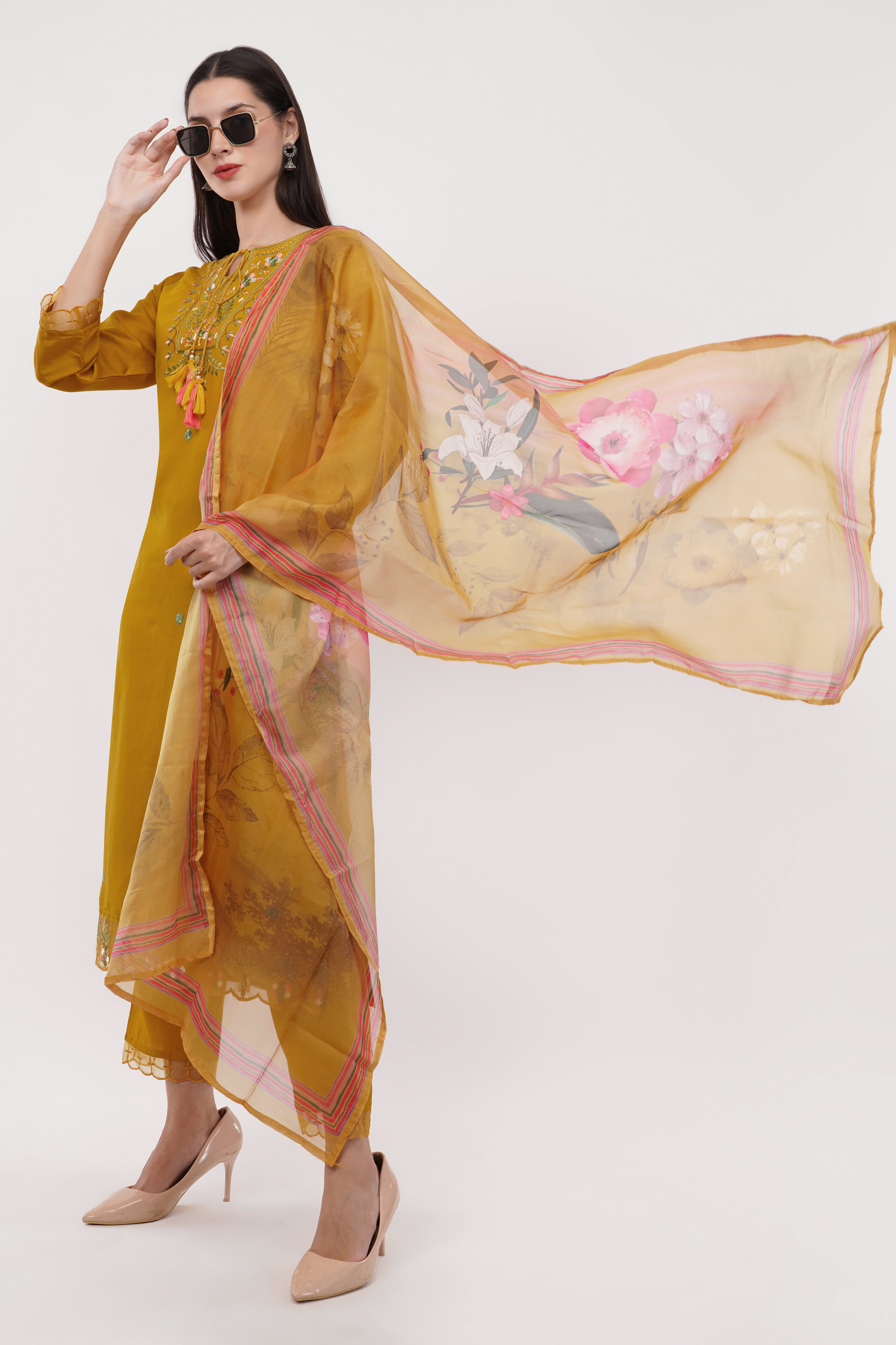 Mustard Viscose Suit With Printed Dupatta - Set Of 3