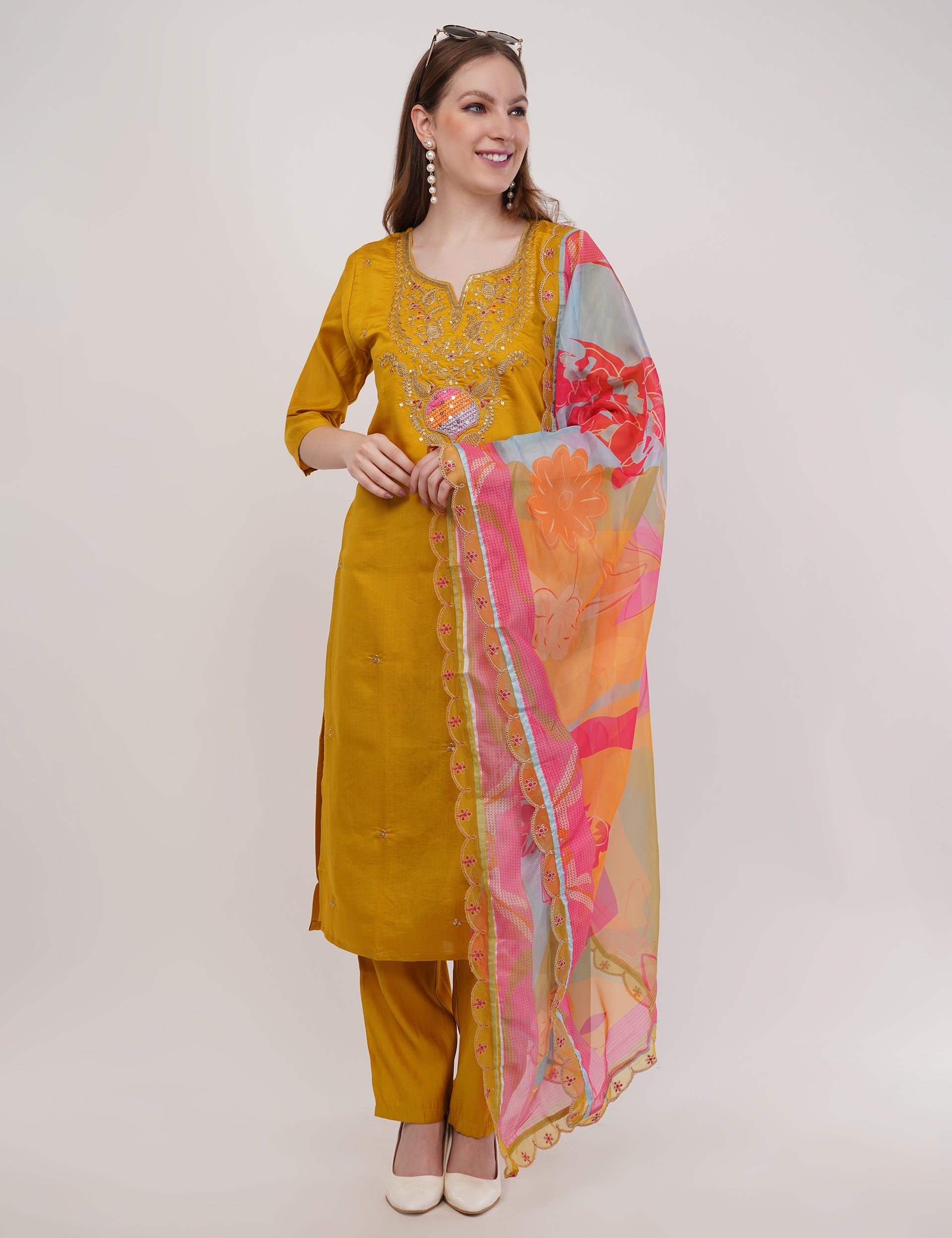 Mustard Viscose With Printed Dupatta Embellished Yoke - Set Of 3