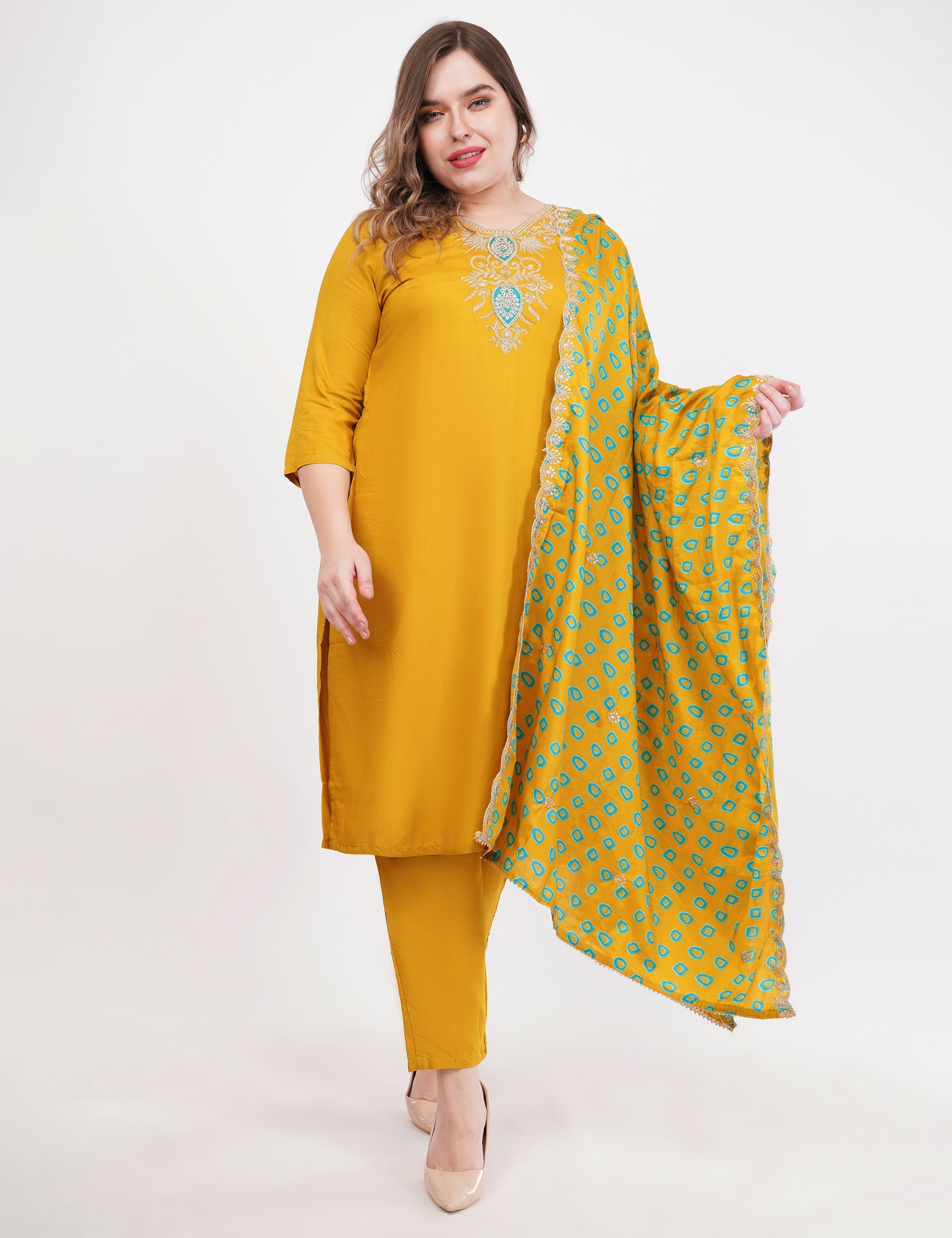 Mustard Viscose With Printed Dupatta - Set Of 3