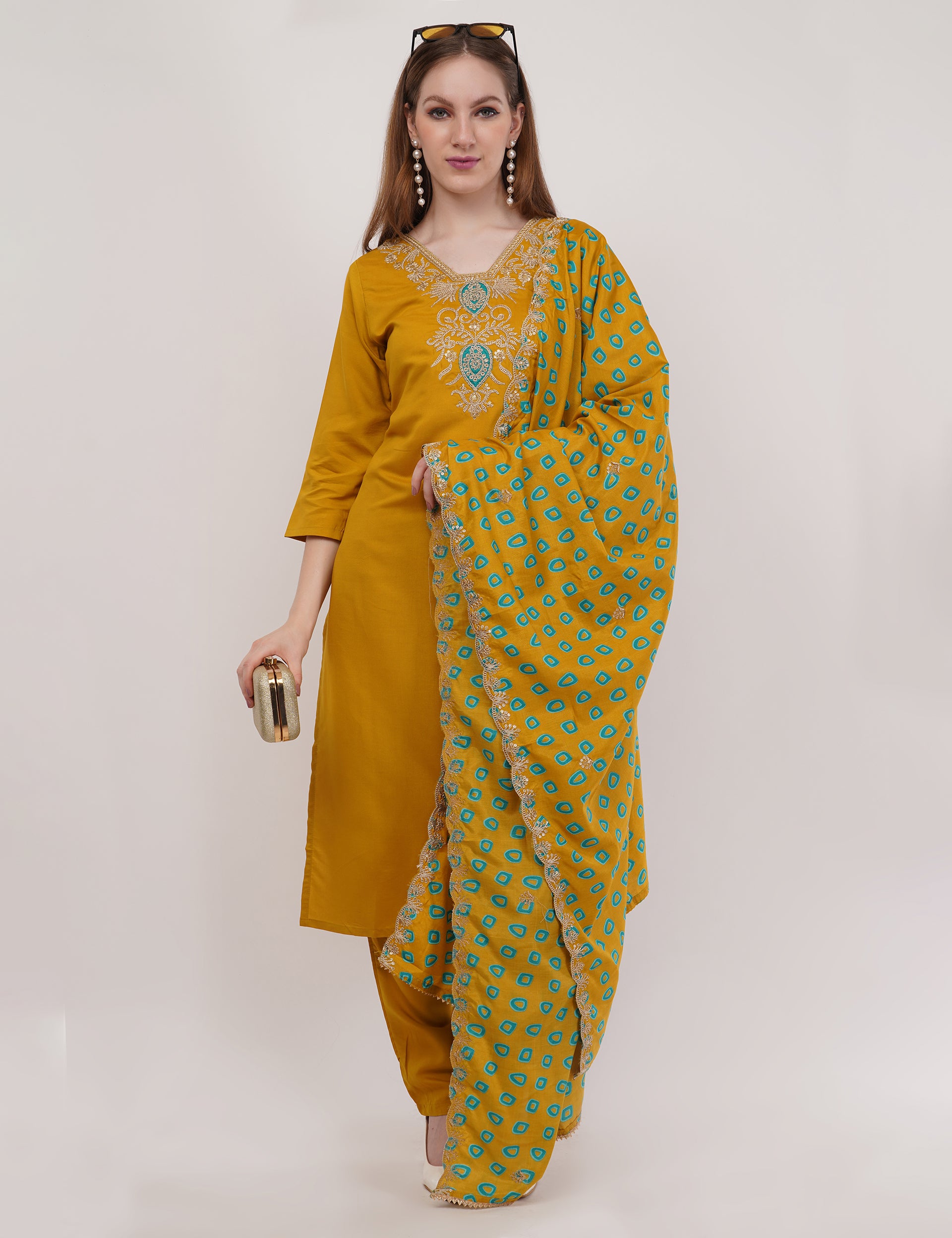 Mustard Viscose With Printed Dupatta - Set Of 3 (Copy)