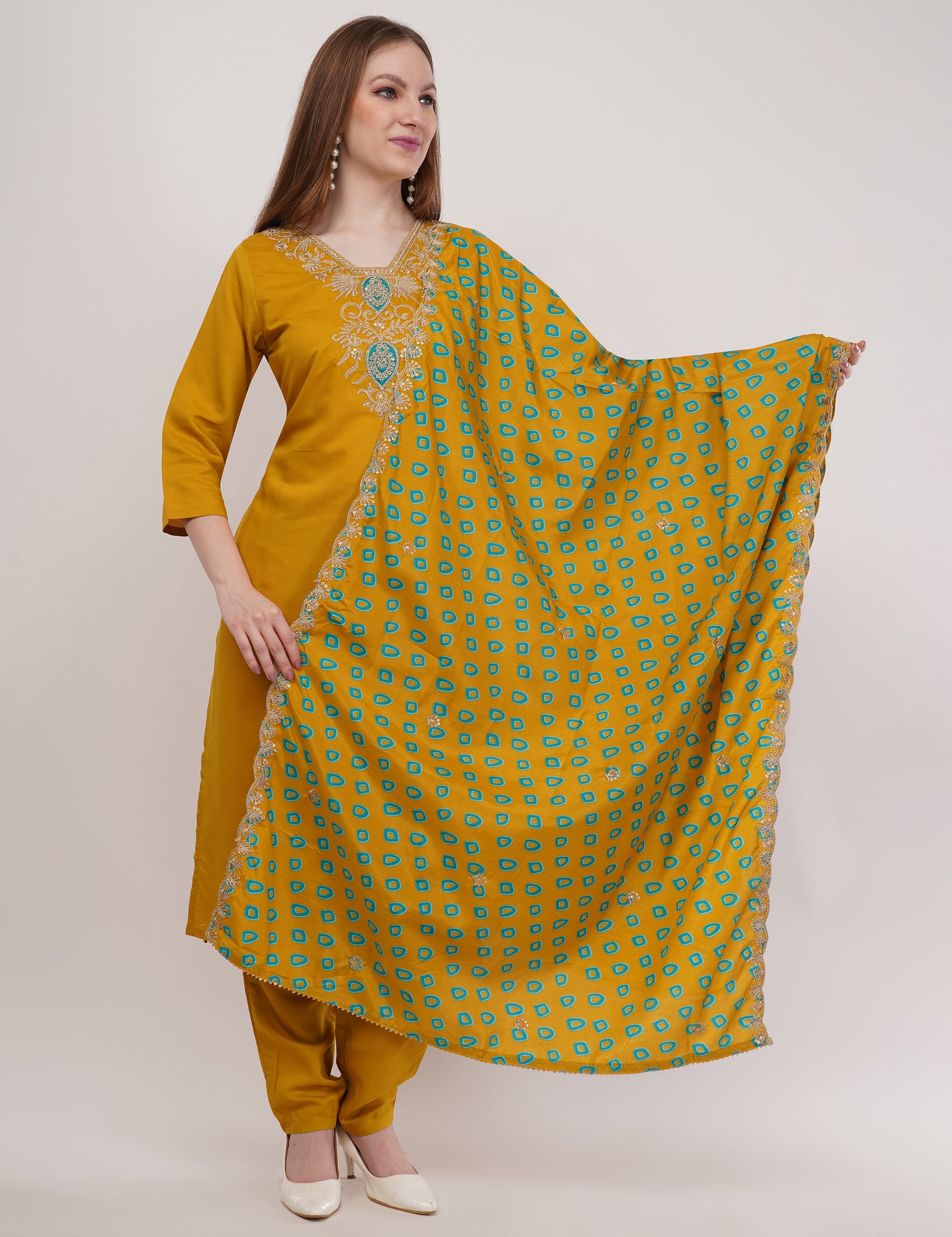 Mustard Viscose With Printed Dupatta - Set Of 3 (Copy)