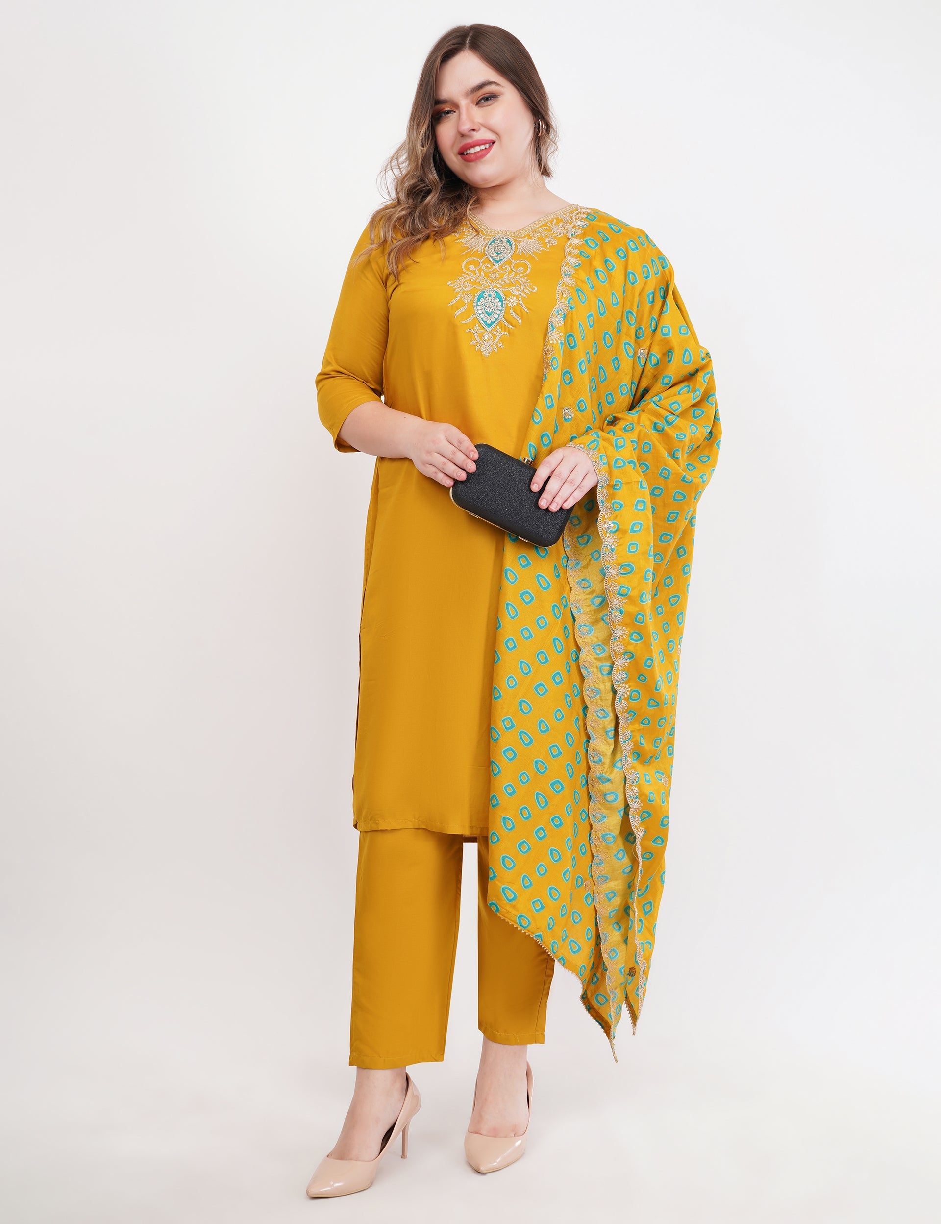 Mustard Viscose With Printed Dupatta - Set Of 3