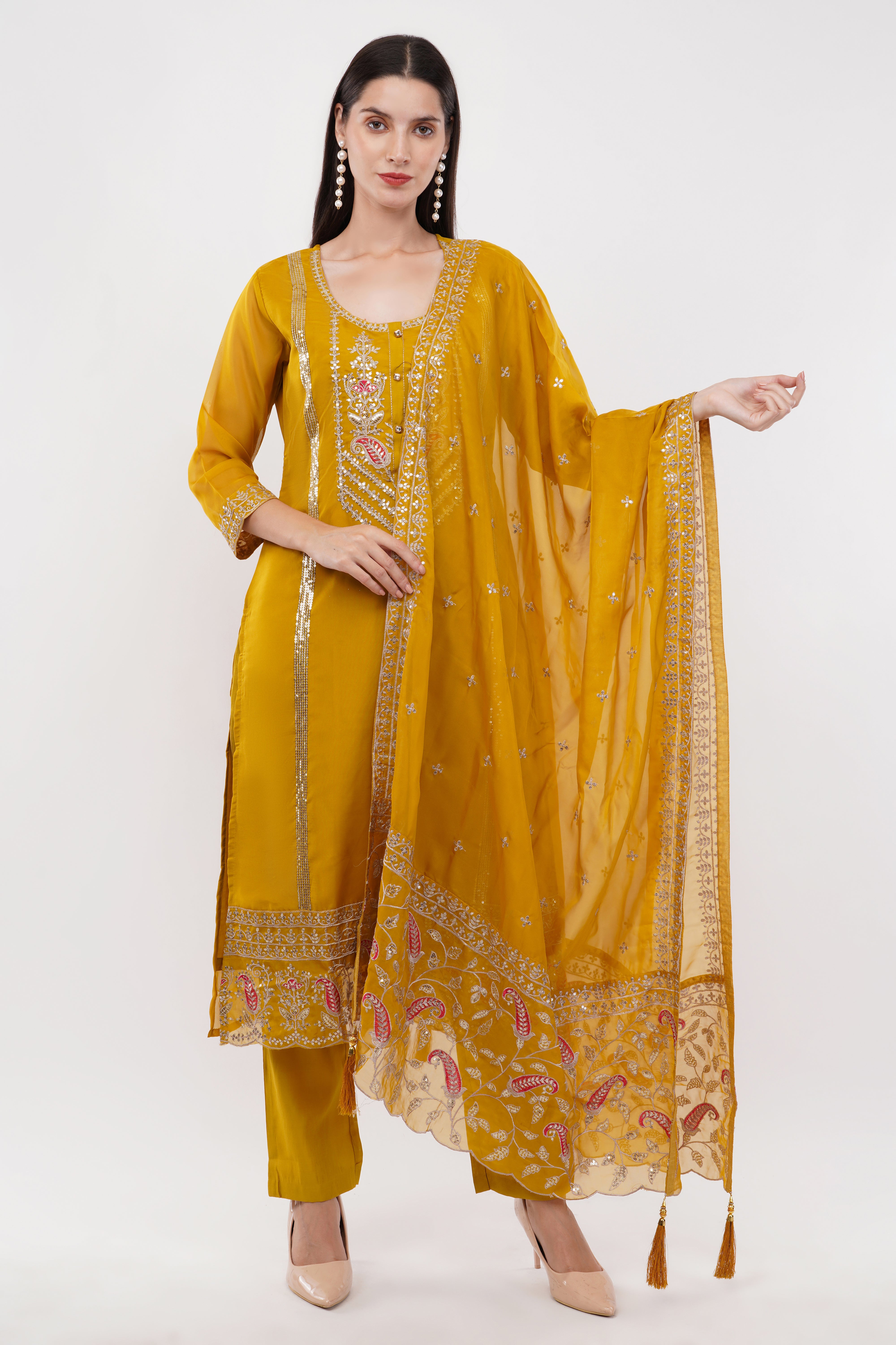 Mustard Embroidered Suit Set - Set Of 3