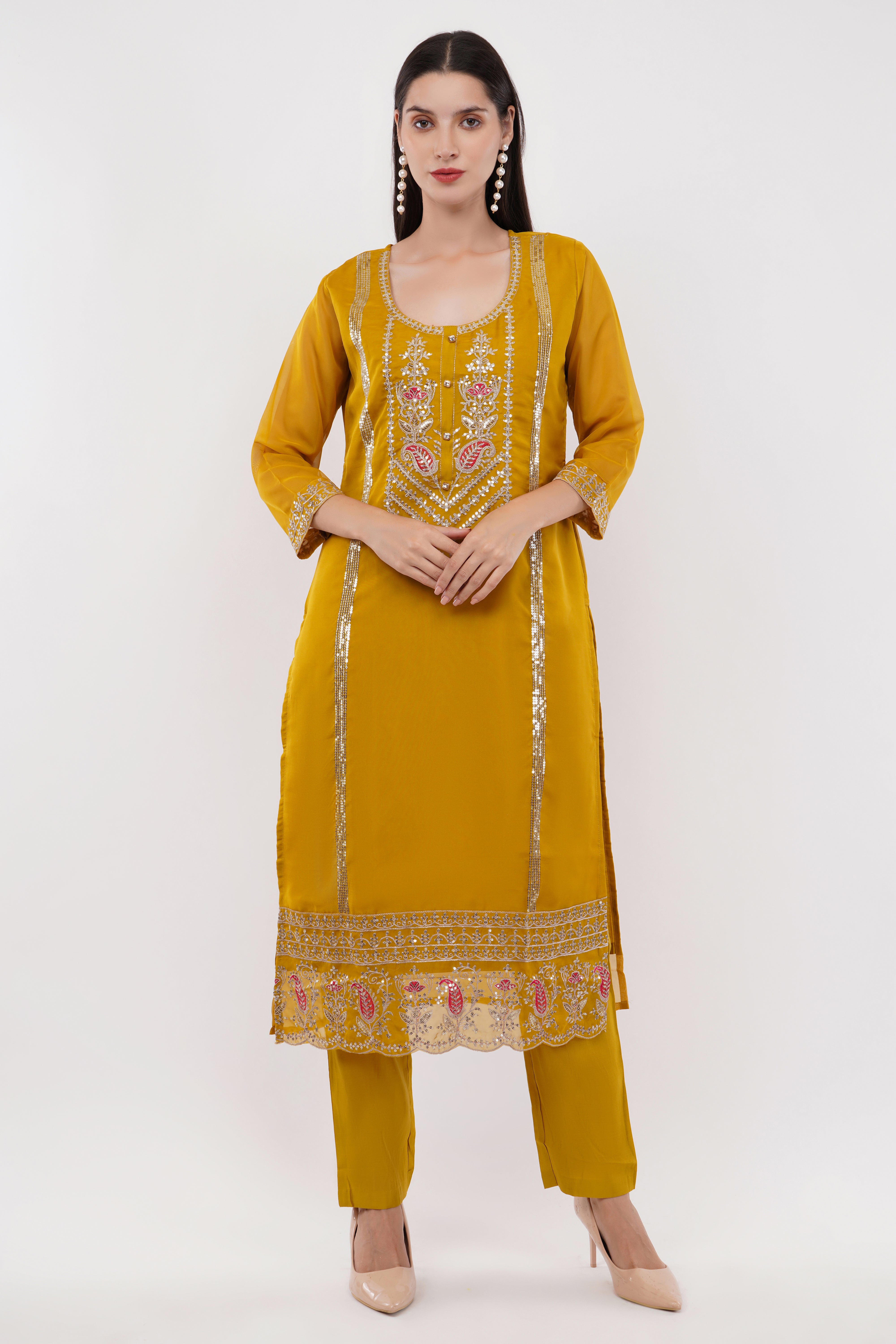 Mustard Embroidered Suit Set - Set Of 3