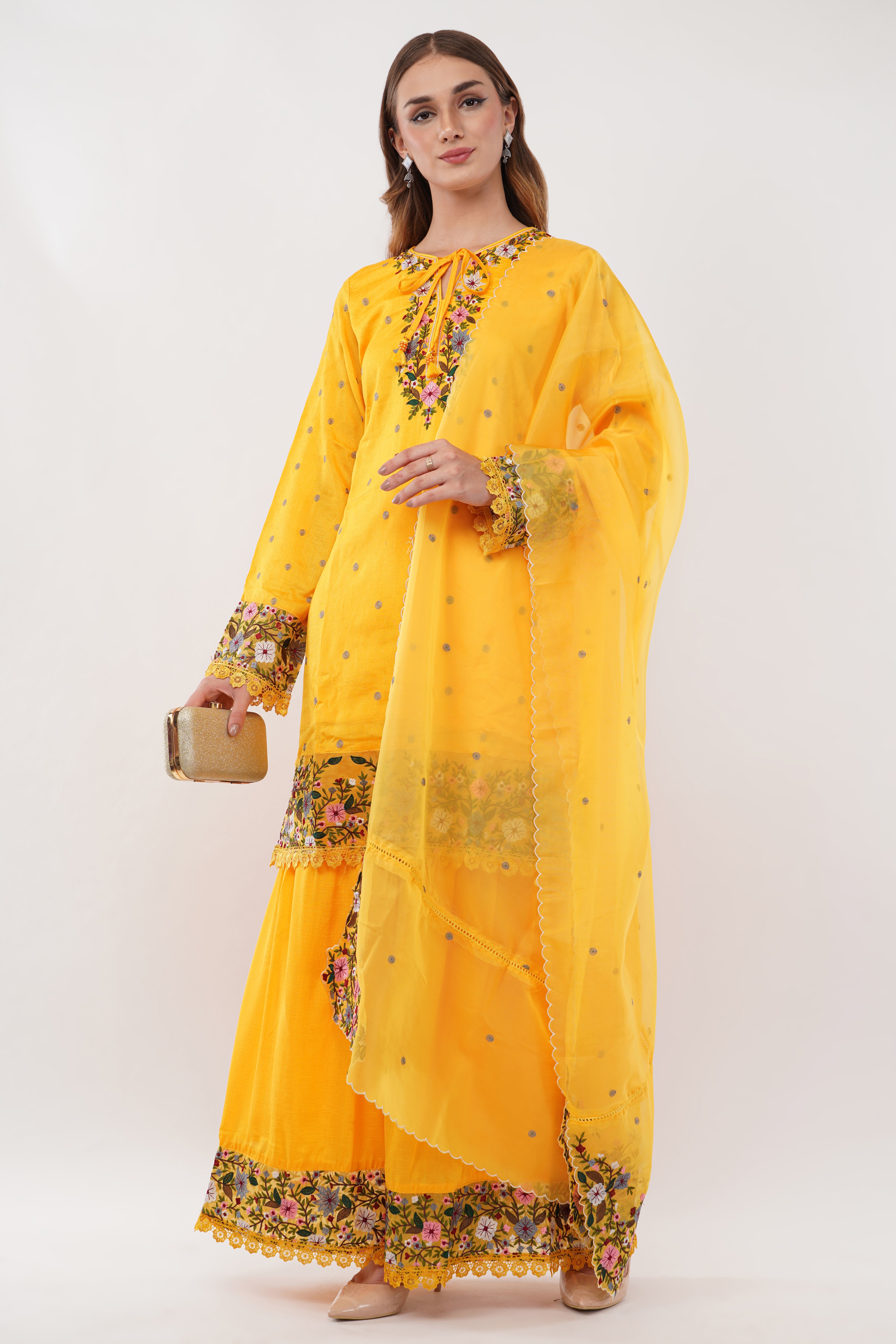 Mustard Embroidered Short Suit Set With Flared Sharara Pants - Set Of 3