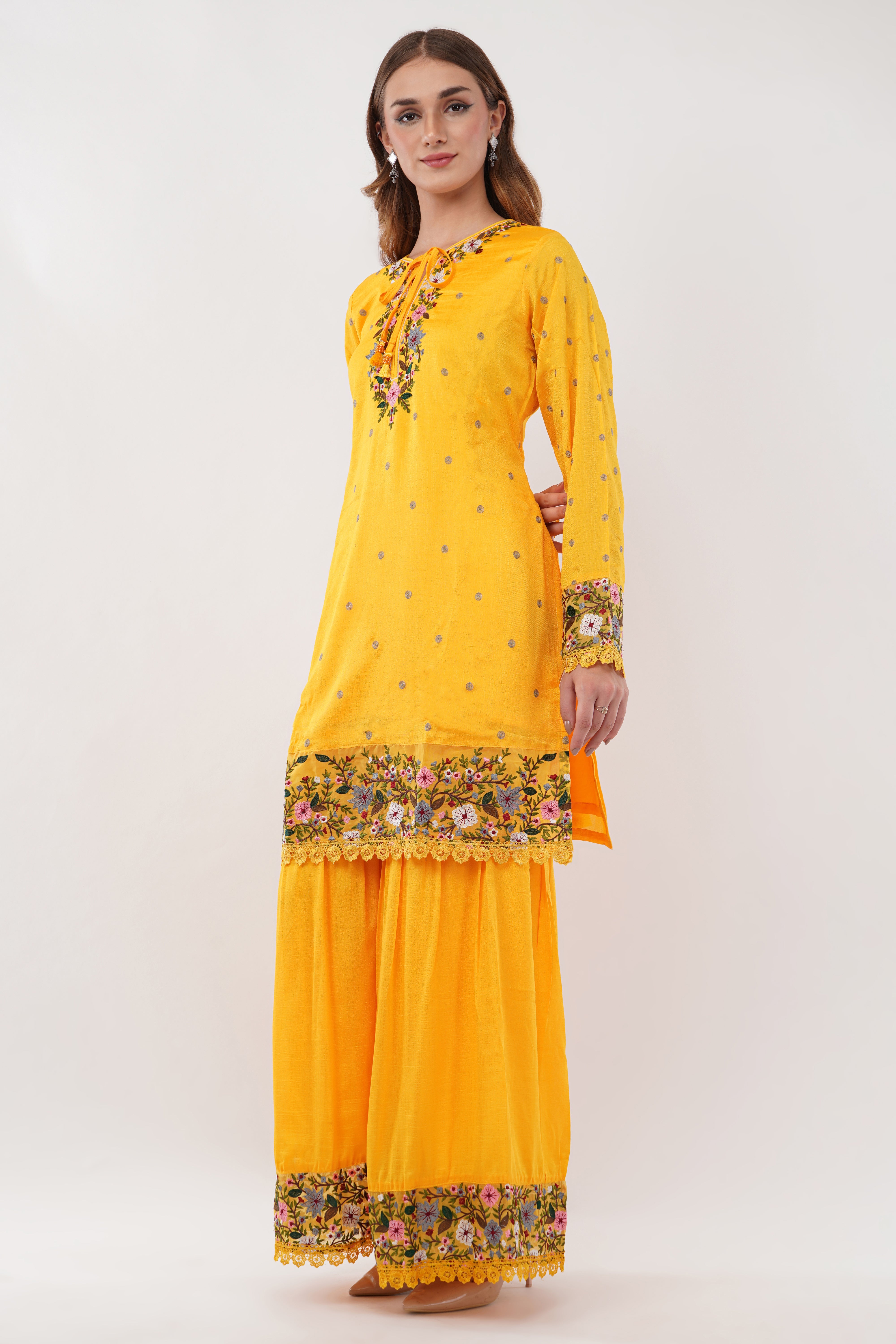 Mustard Embroidered Short Suit Set With Flared Sharara Pants - Set Of 3