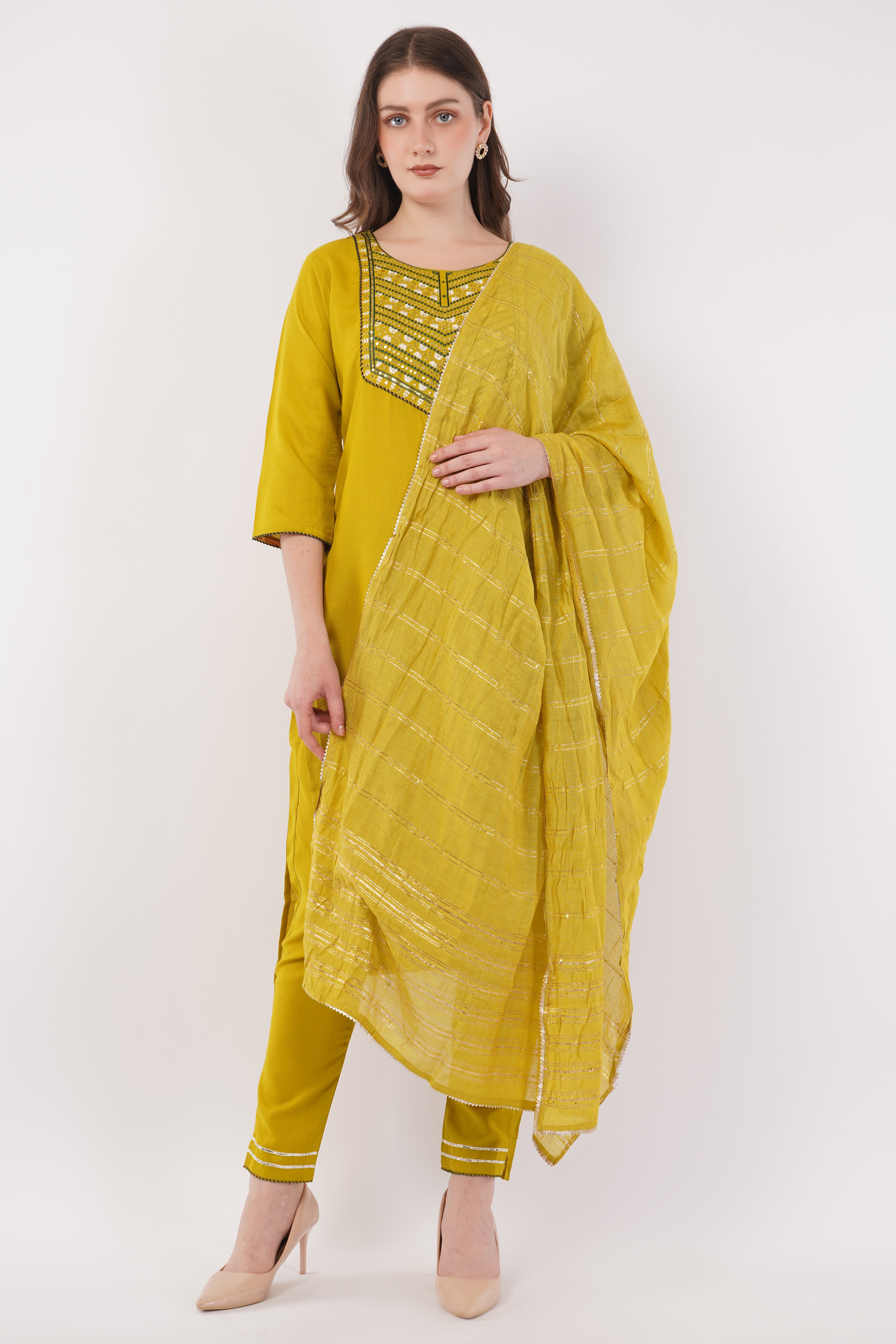 Mustard Cotton Fabric Suit Set With Embroidered Yoke - Set Of 3