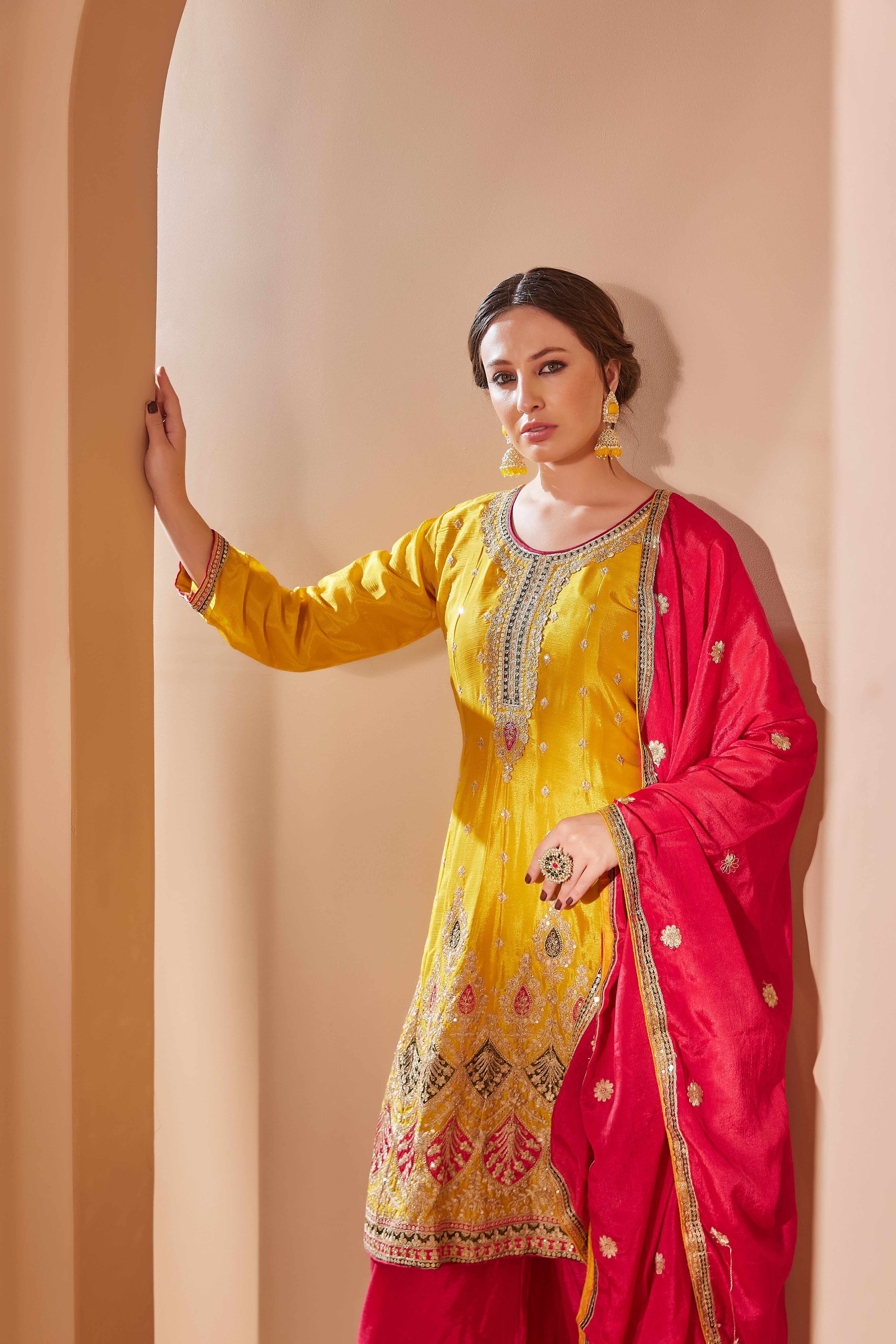 Mustard Embroidered Suit With Flared Pants & Dupatta - Set Of 3