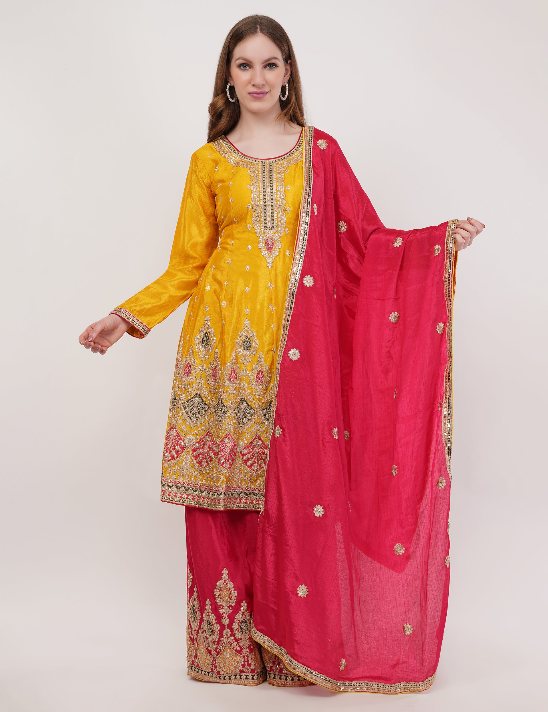 Mustard Embroidered Suit With Flared Pants & Dupatta - Set Of 3